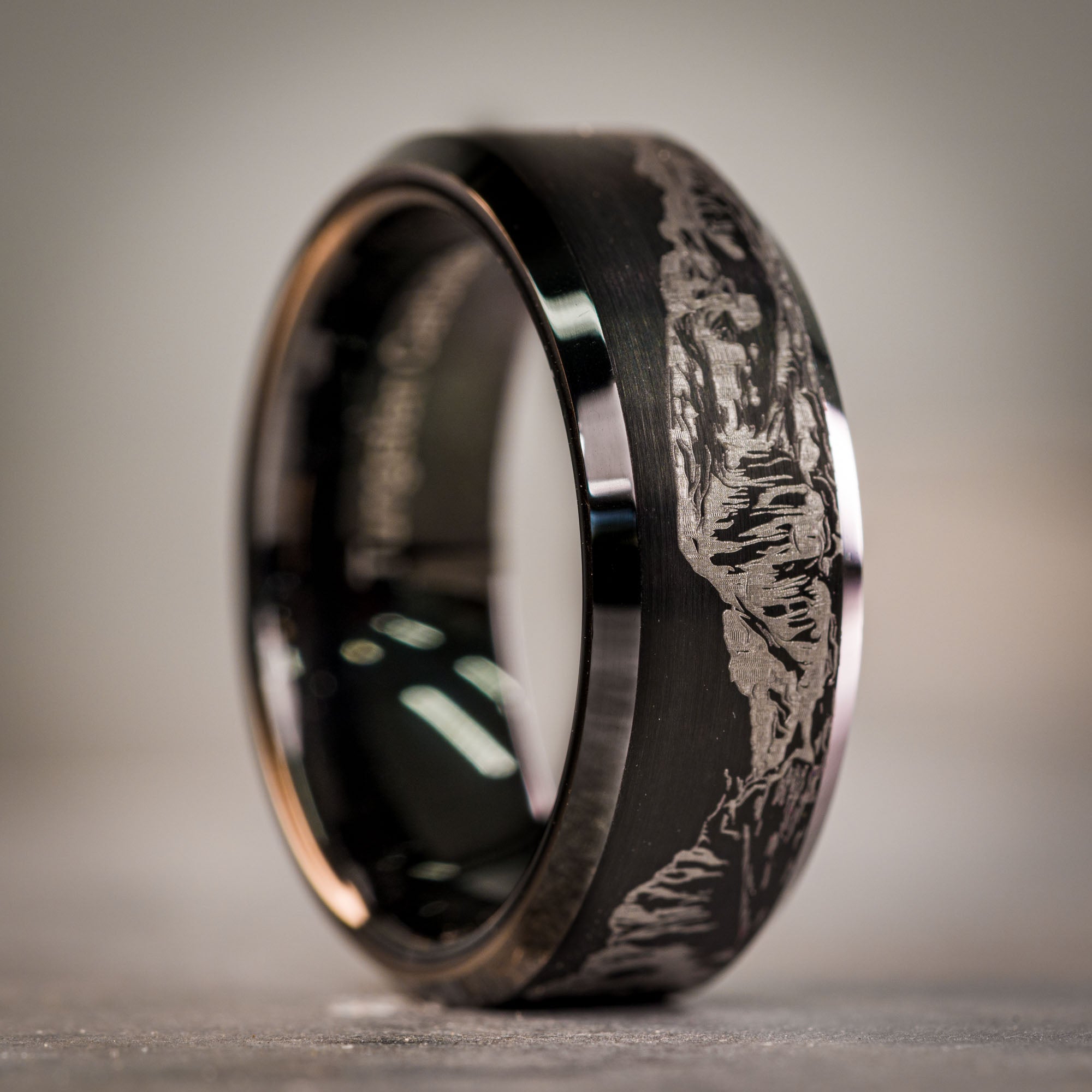 Black Beveled Tungsten Engraved Colorado 14er Ring | Honest Hands