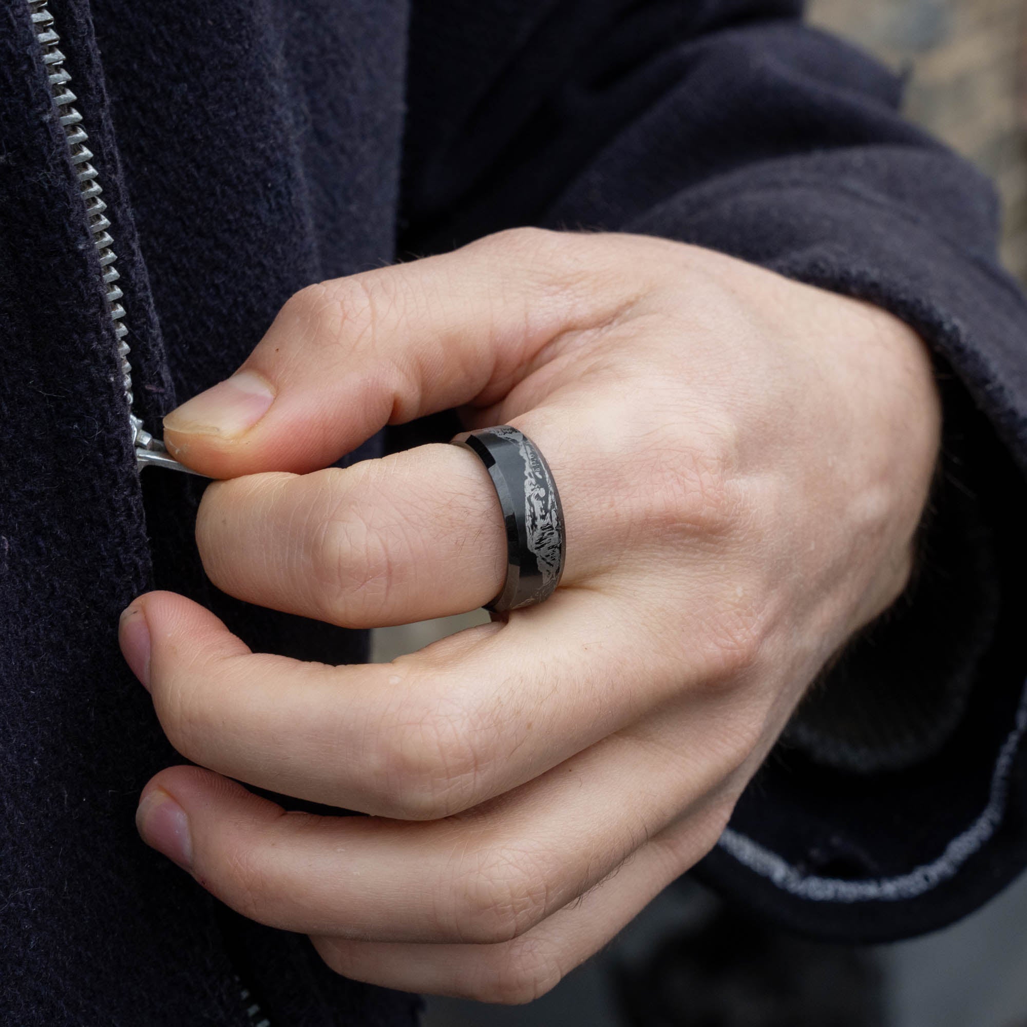 Black Beveled Tungsten Engraved Colorado 14er Ring | Honest Hands
