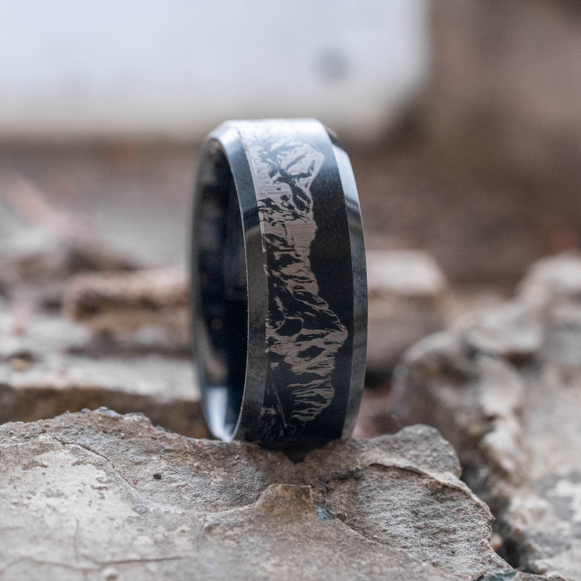Black Beveled Tungsten Engraved Colorado 14er Ring | Honest Hands