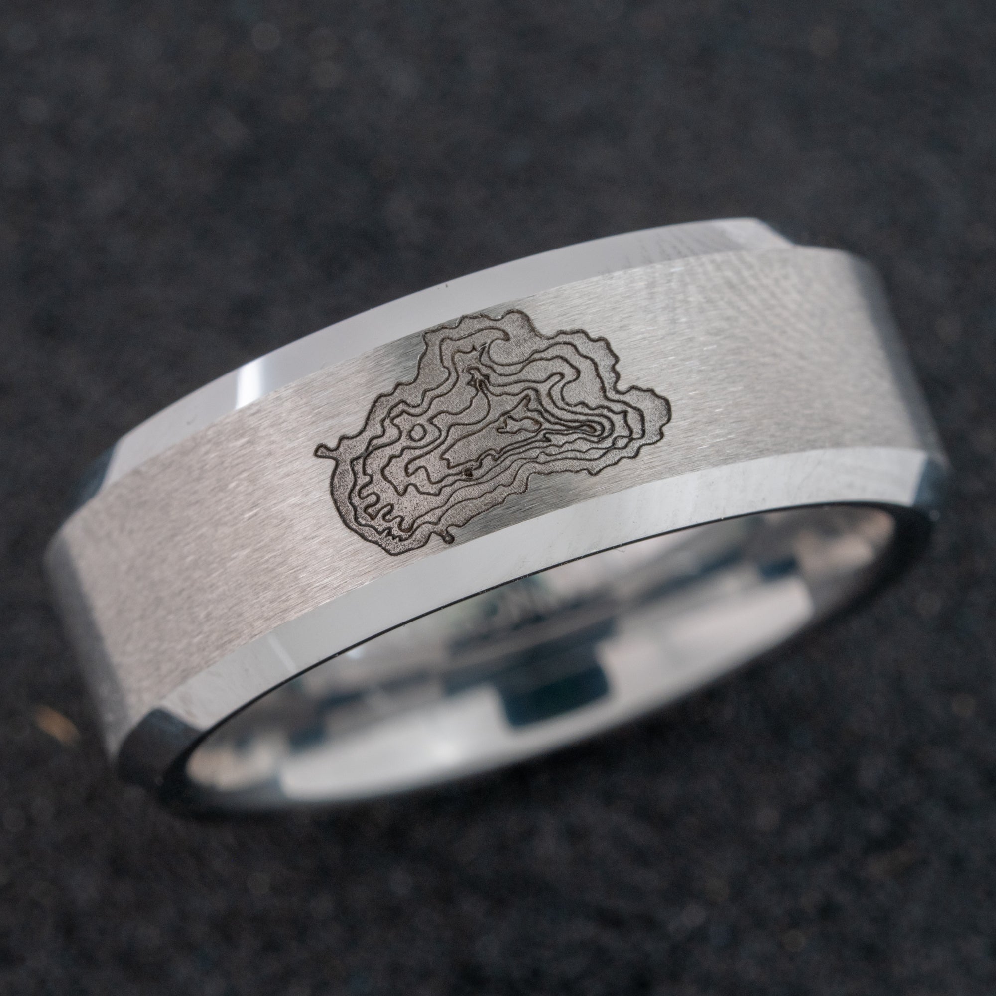 Beveled Tungsten Deep Engraved Lake Tahoe Depths Ring