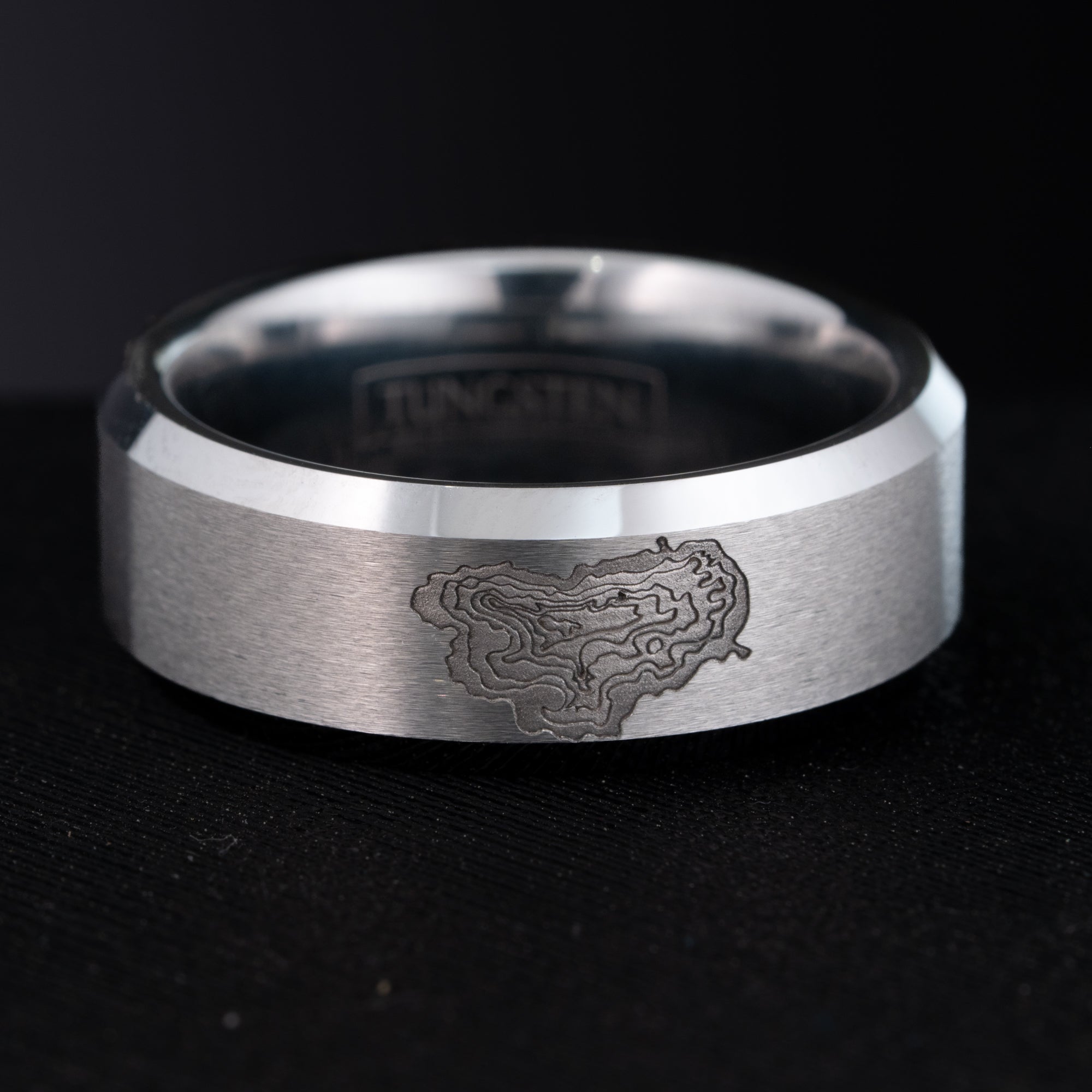 Beveled Tungsten Deep Engraved Lake Tahoe Depths Ring