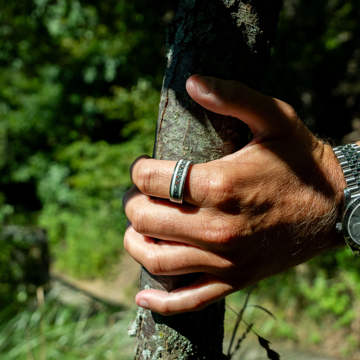 Tungsten Elk Antler Yooper Glow & Fire Opal Inlay Ring