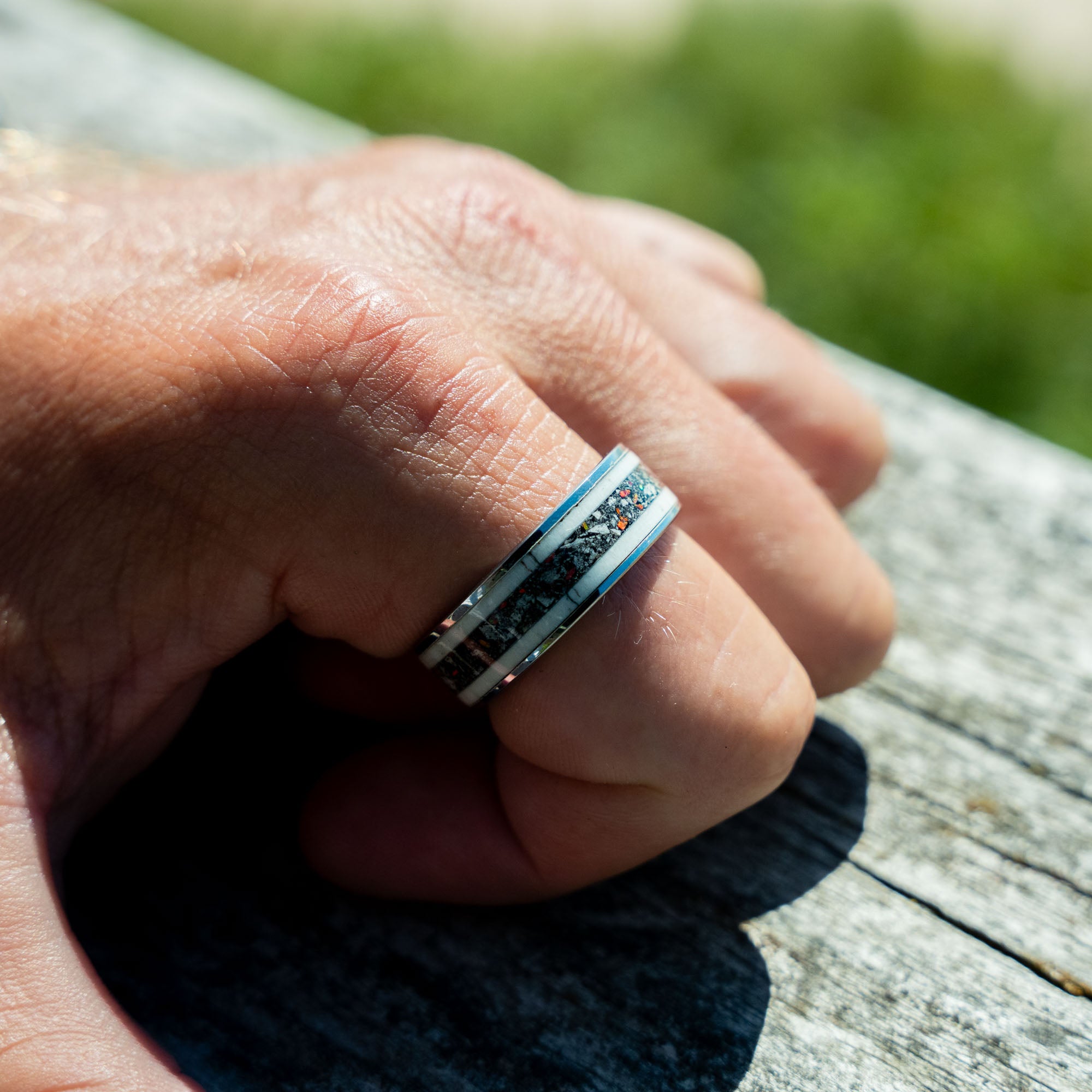 Tungsten Elk Antler Yooper Glow & Fire Opal Inlay Ring