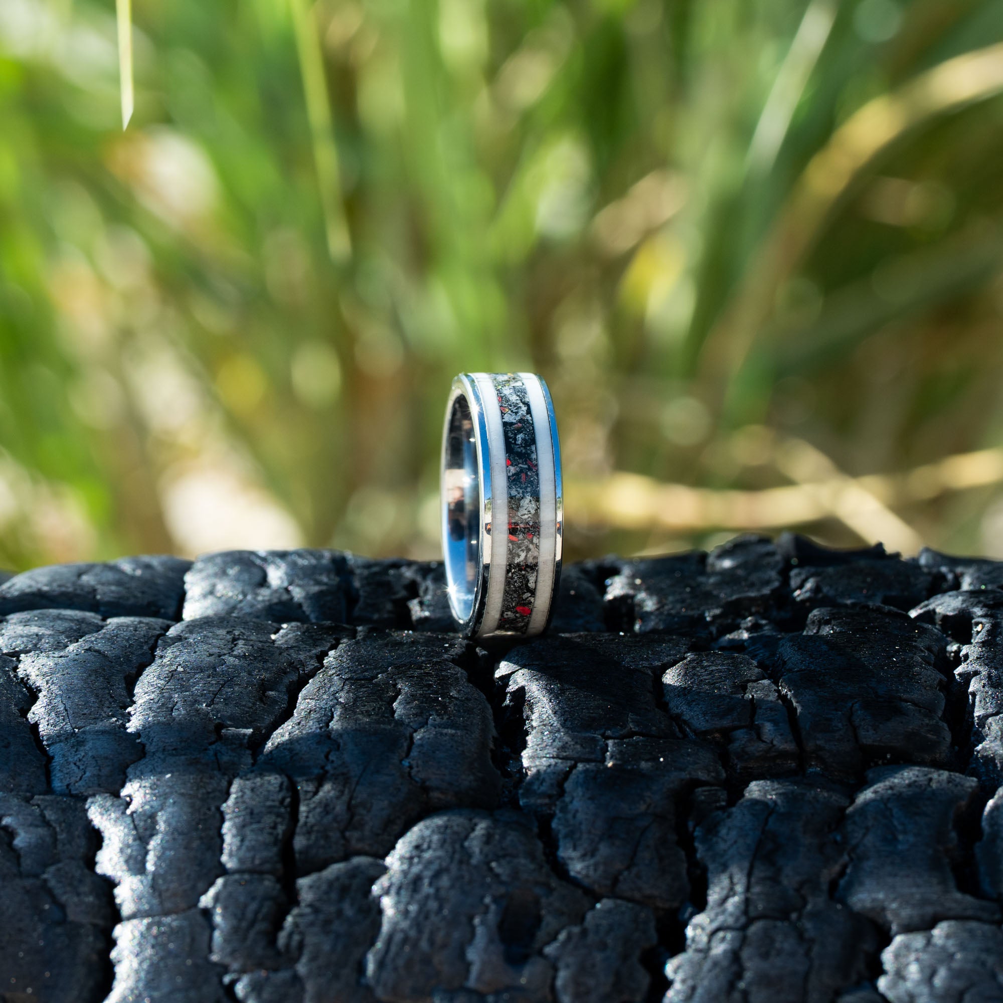Tungsten Elk Antler Yooper Glow & Fire Opal Inlay Ring