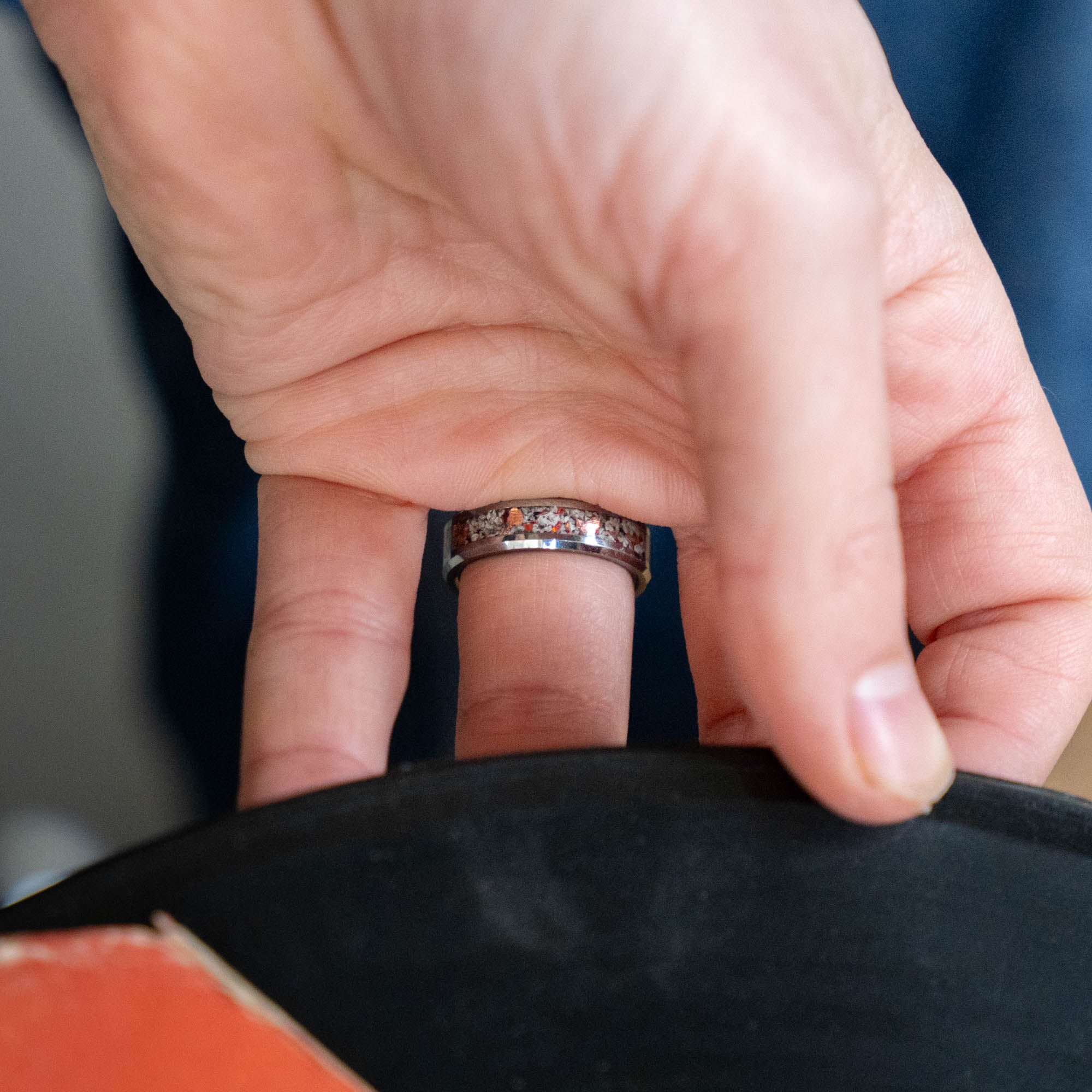 Beveled Tungsten Fire Opal Yooper Glow & Copper Inlay Ring