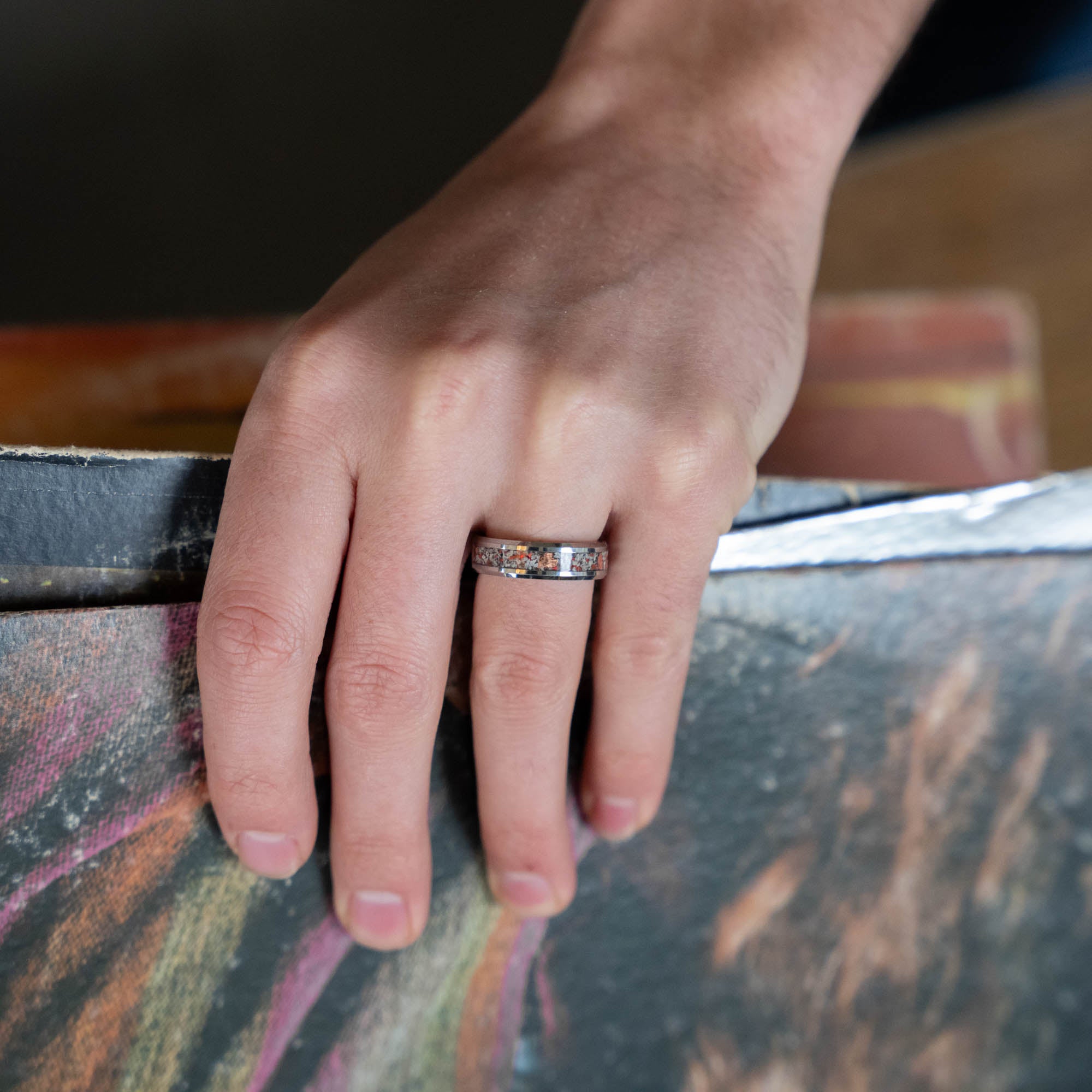 Beveled Tungsten Fire Opal Yooper Glow & Copper Inlay Ring
