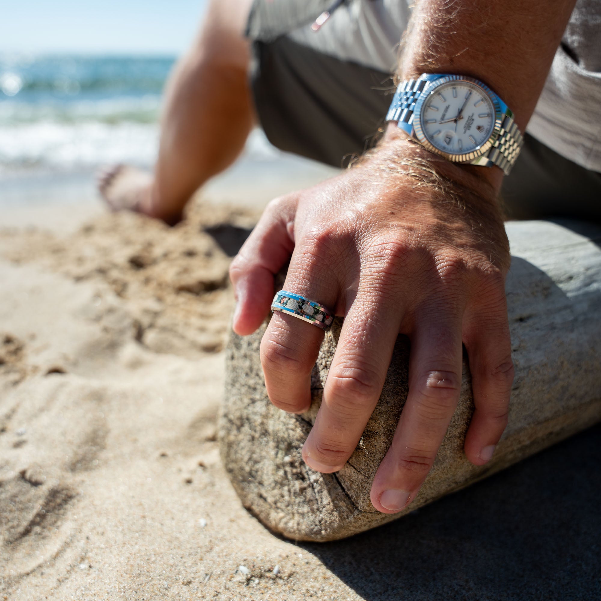 Beveled Tungsten Petoskey Stone Isle Royal Greenstone & Copper Inlay Ring