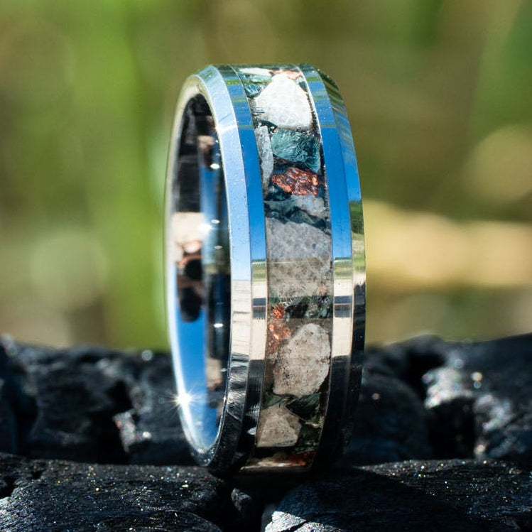 Beveled Tungsten Petoskey Stone Isle Royal Greenstone & Copper Inlay Ring