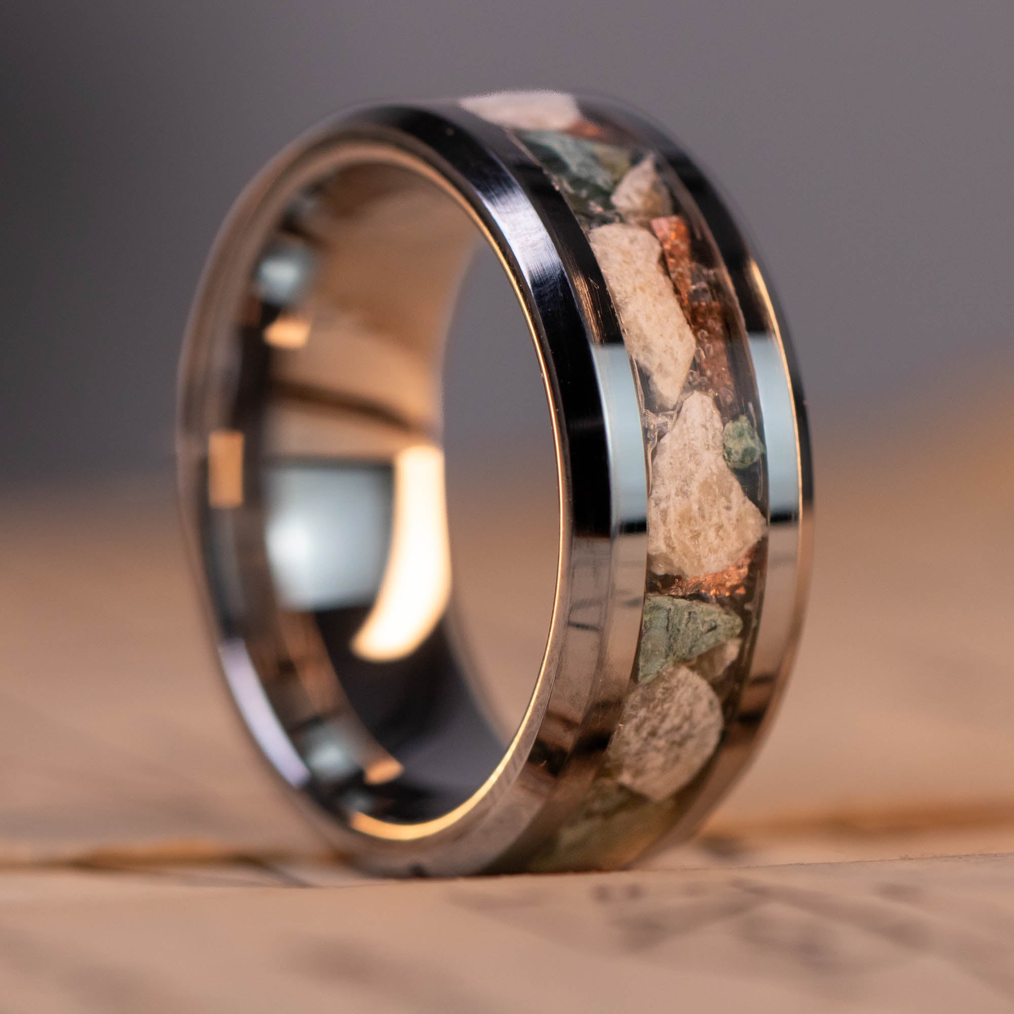 Beveled Tungsten Petoskey Stone Isle Royal Greenstone & Copper Inlay Ring