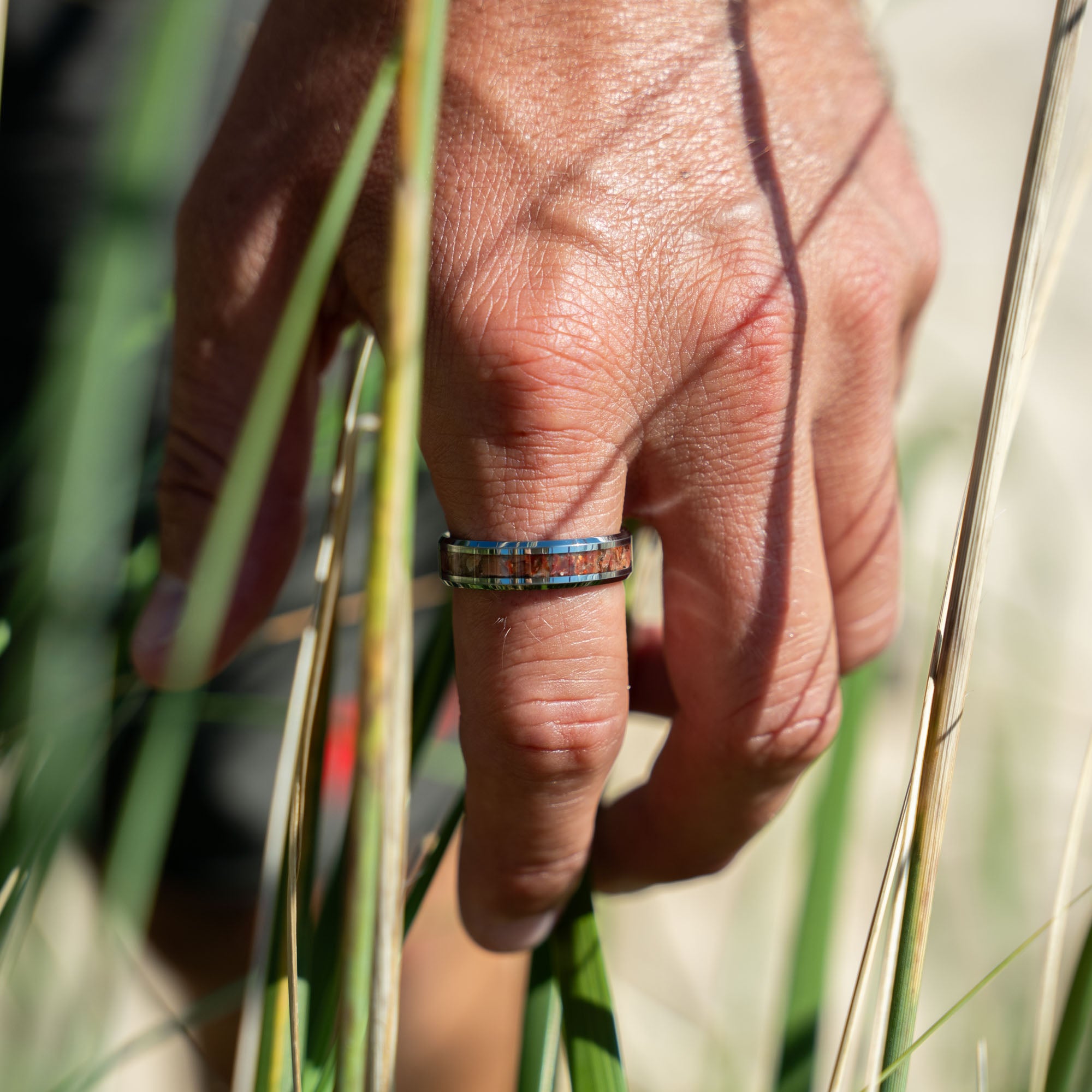 Beveled Tungsten Lake Superior Agate Inlay Ring