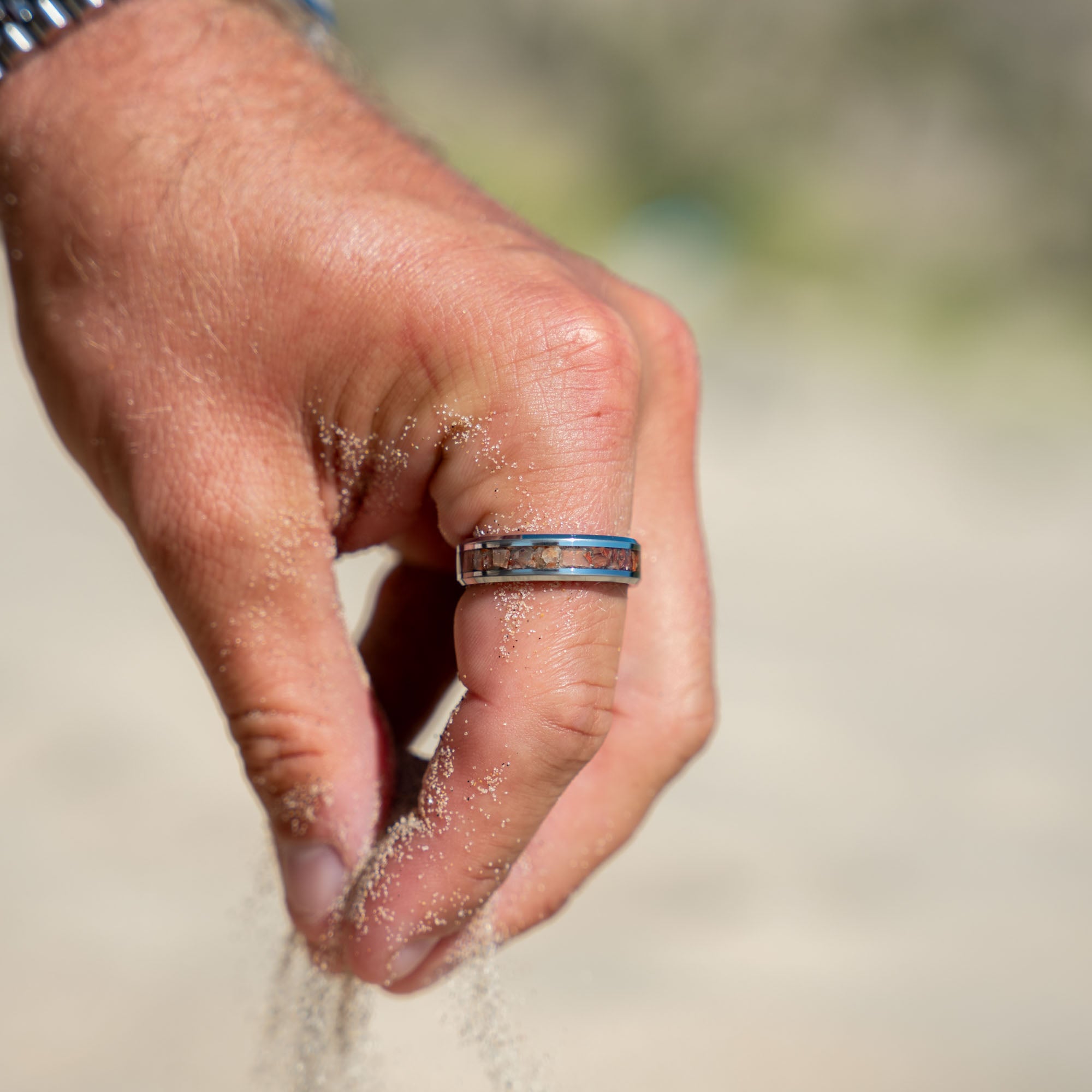 Beveled Tungsten Lake Superior Agate Inlay Ring