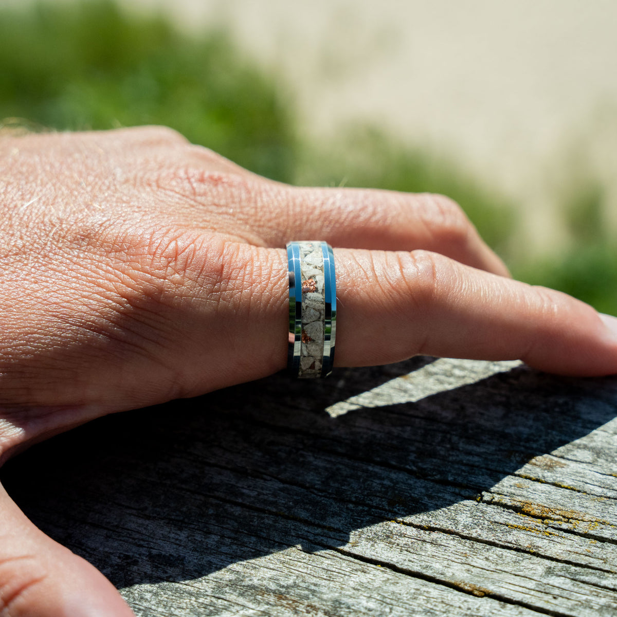 Beveled Tungsten Petoskey Stone & Keweenaw Copper Inlay Ring