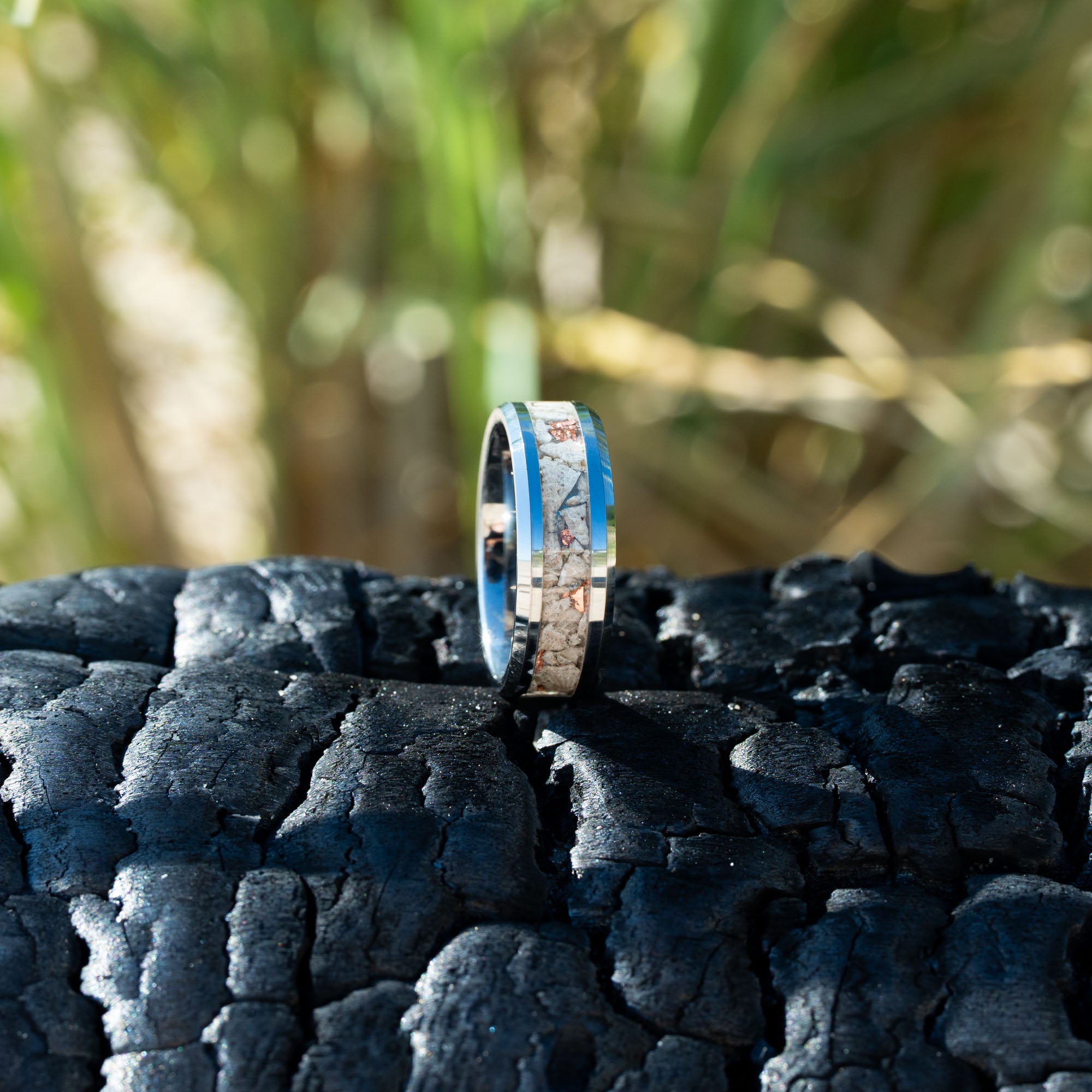 Beveled Tungsten Petoskey Stone & Keweenaw Copper Inlay Ring