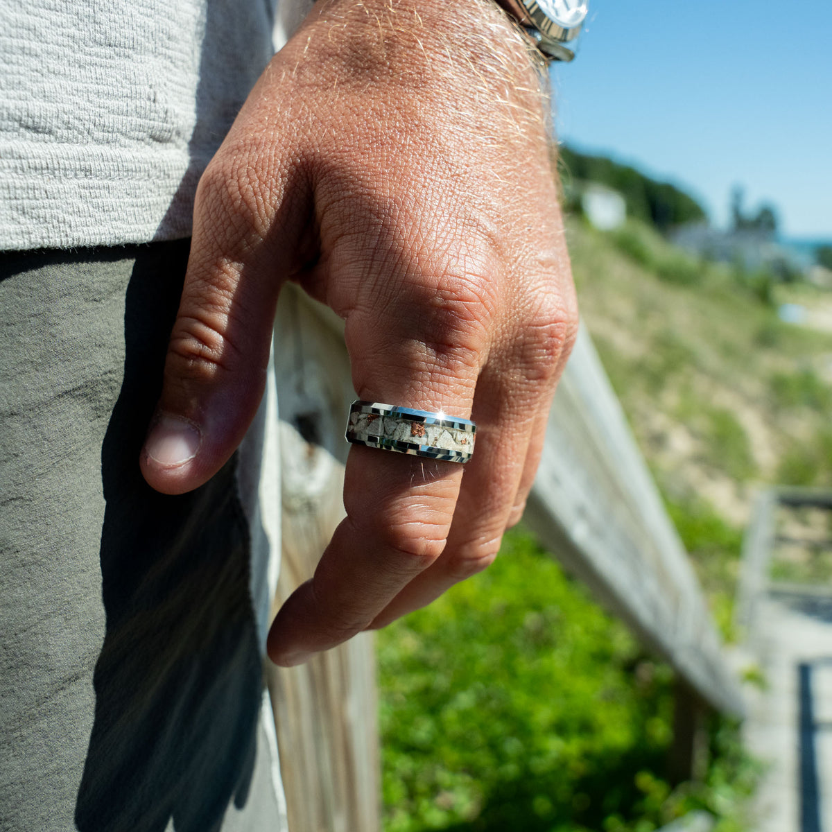 Beveled Tungsten Petoskey Stone & Keweenaw Copper Inlay Ring