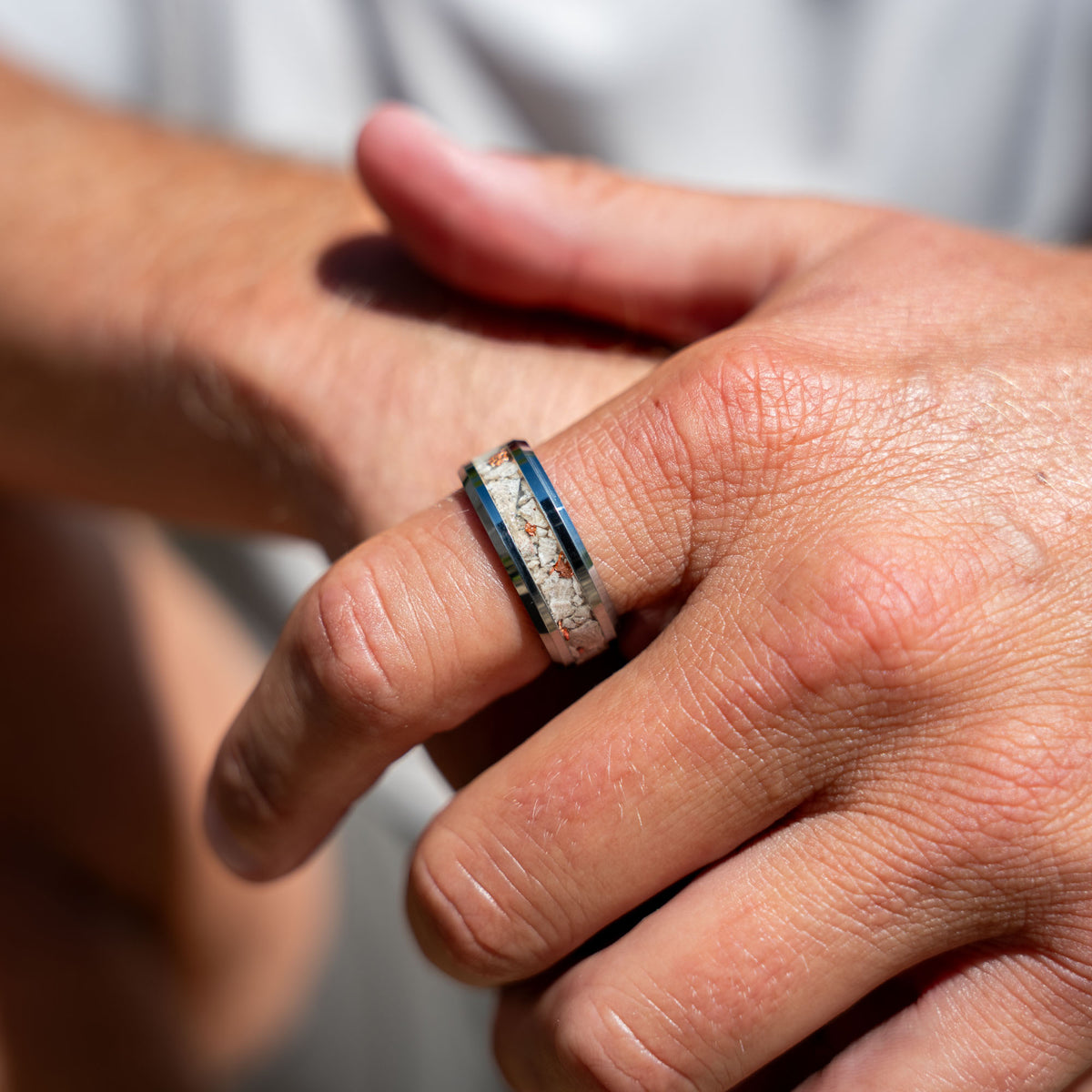 Beveled Tungsten Petoskey Stone & Keweenaw Copper Inlay Ring