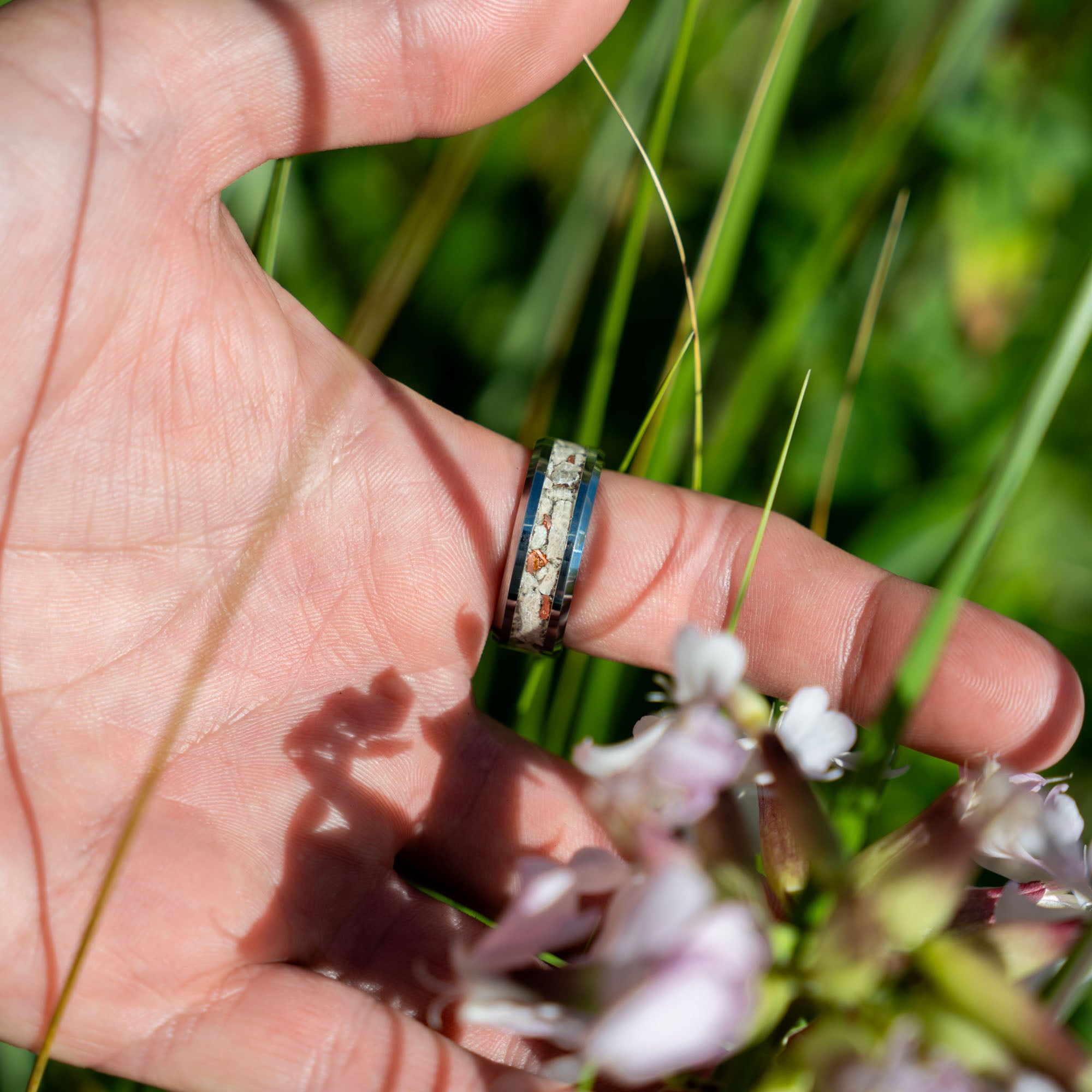 Beveled Tungsten Petoskey Stone & Keweenaw Copper Inlay Ring