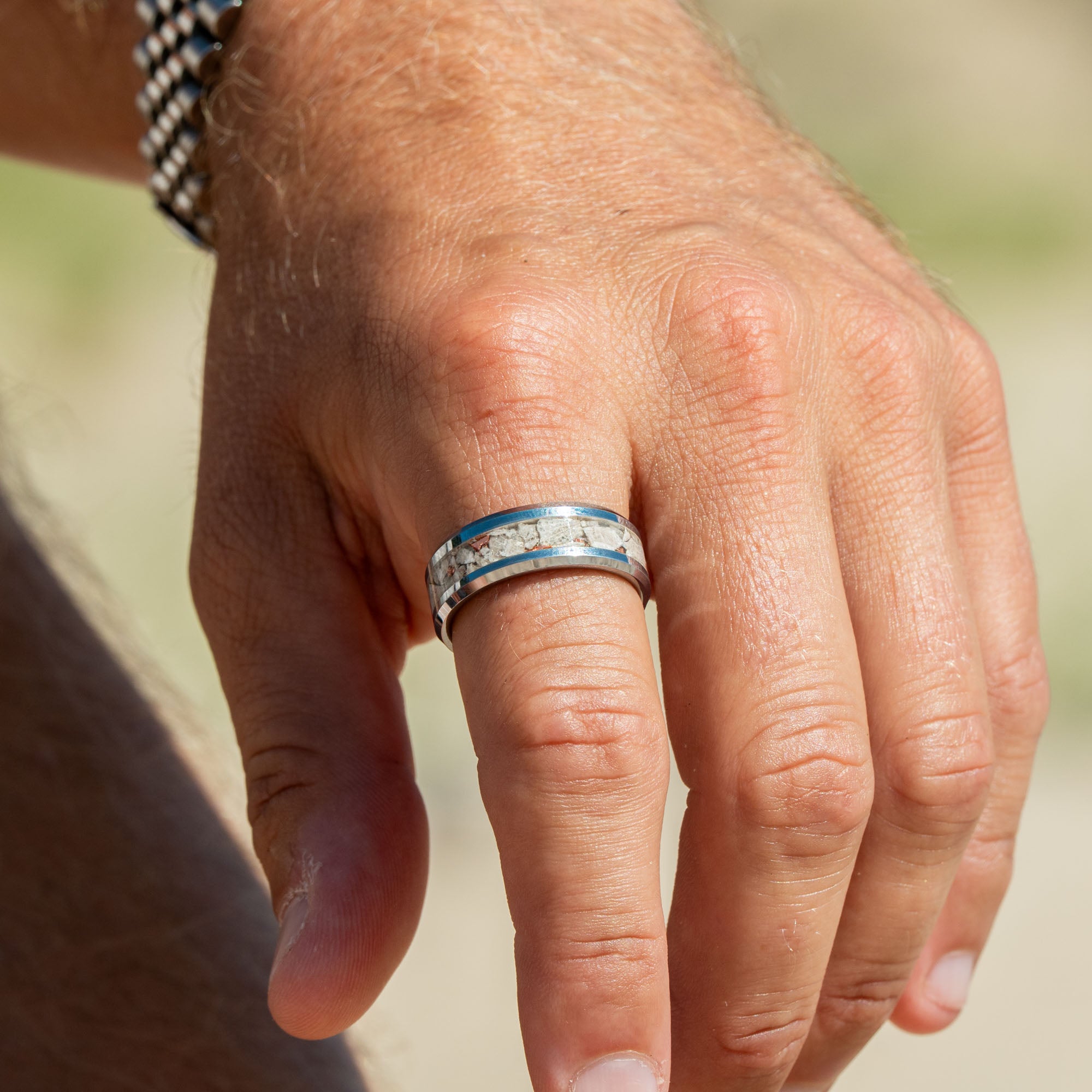 Beveled Tungsten Petoskey Stone & Keweenaw Copper Inlay Ring