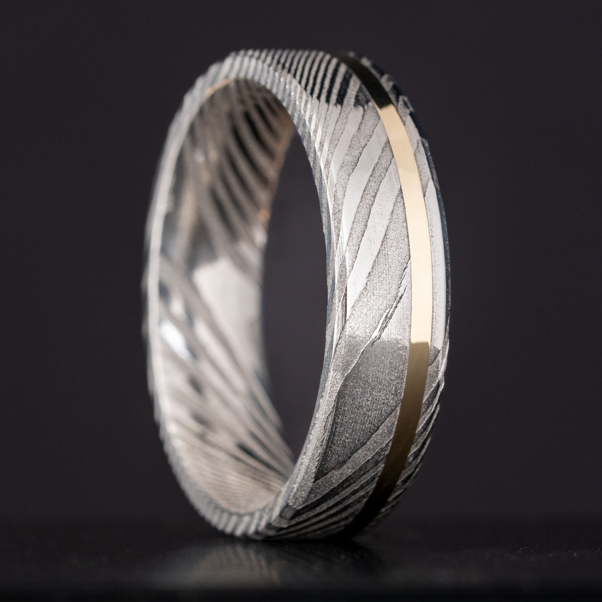 Gold Inlay Rings Stainless Damascus Offset Vertical Gold Inlay Ring