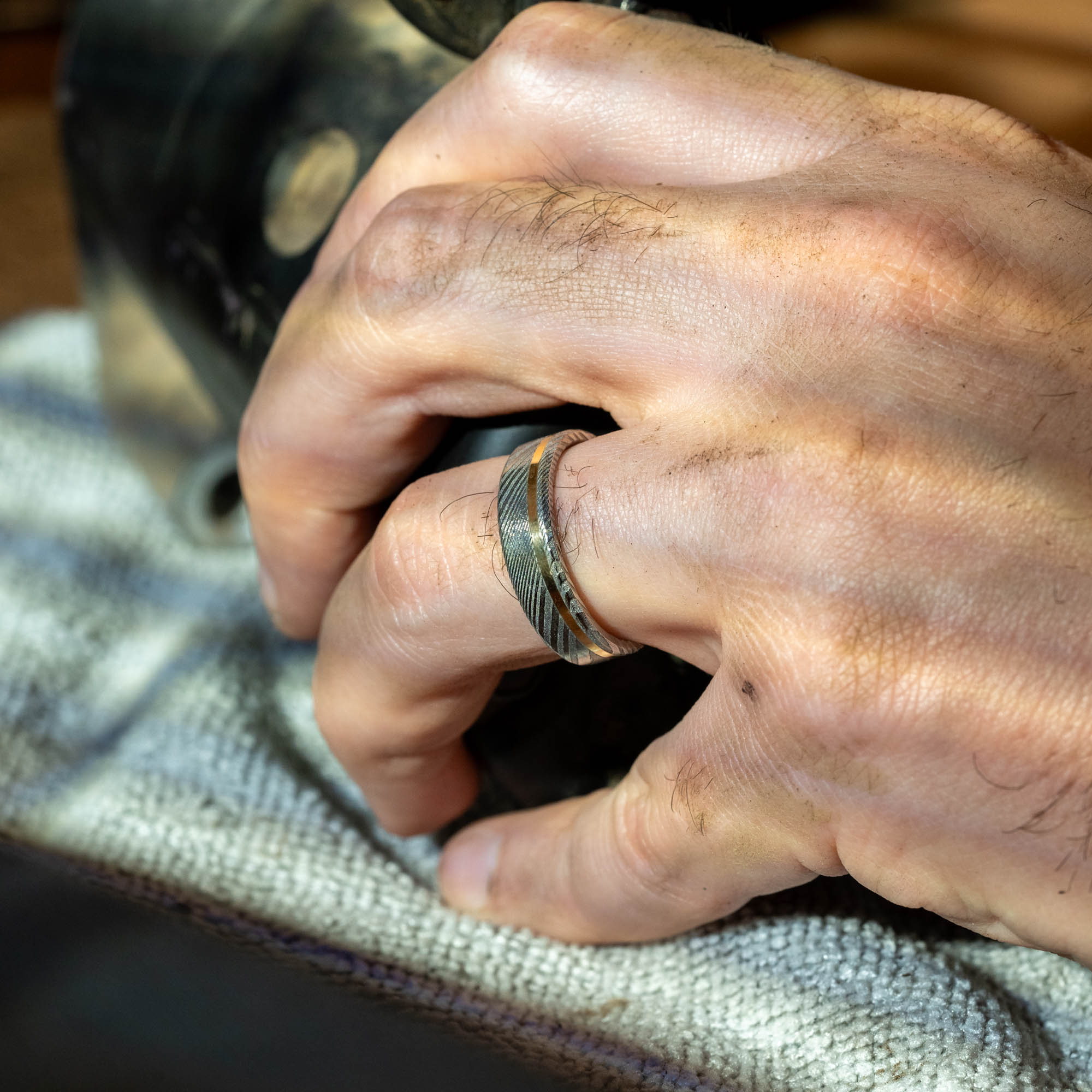 Stainless Damascus Offset Vertical Gold Inlay Ring | Honest Hands