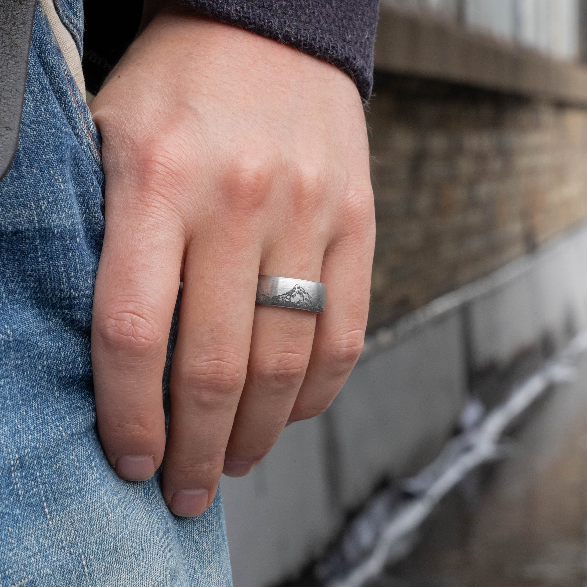Domed Tungsten Engraved Cascade Range | Pacific Northwest Mountain Ring