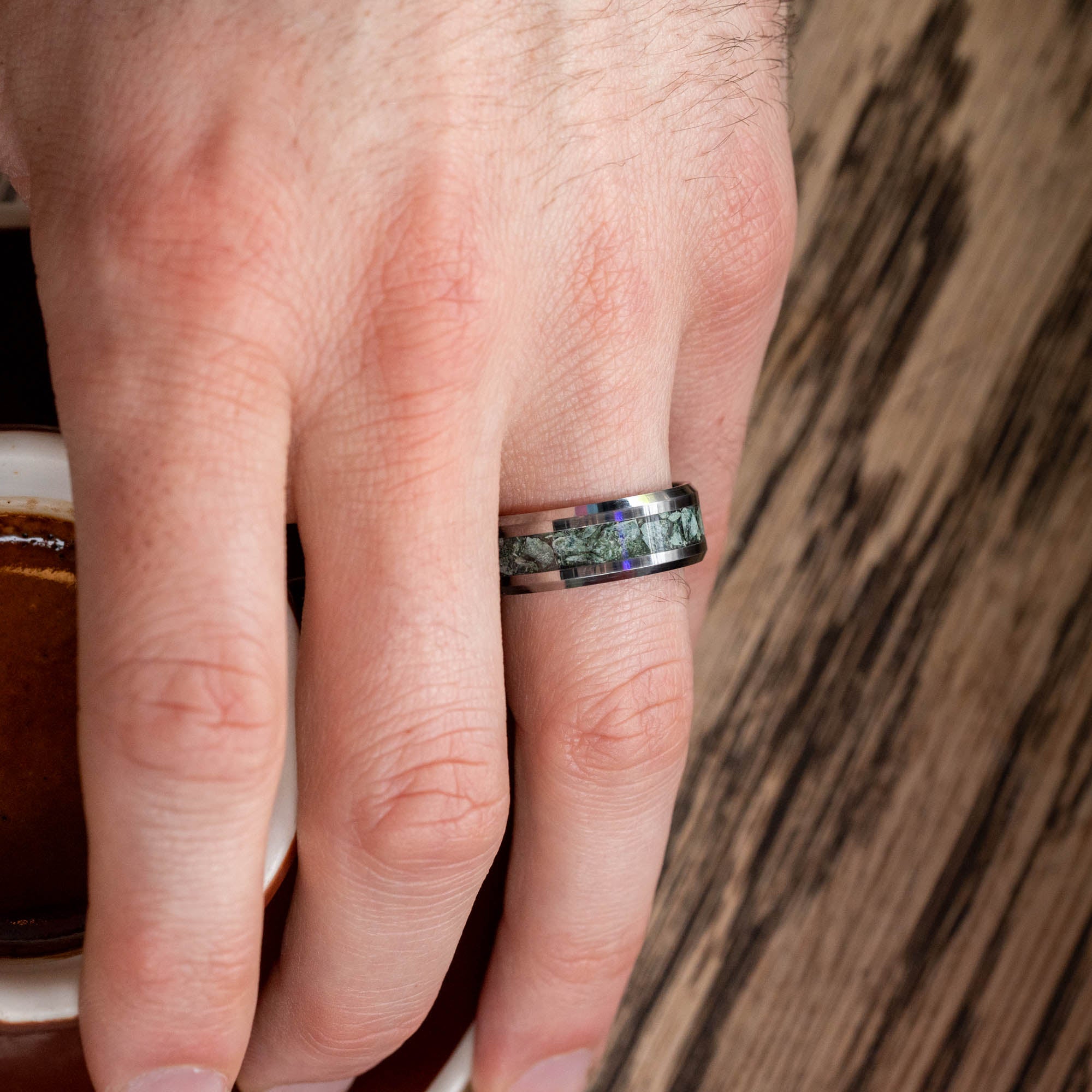 Beveled Tungsten Isle Royale Greenstone Inlay Ring