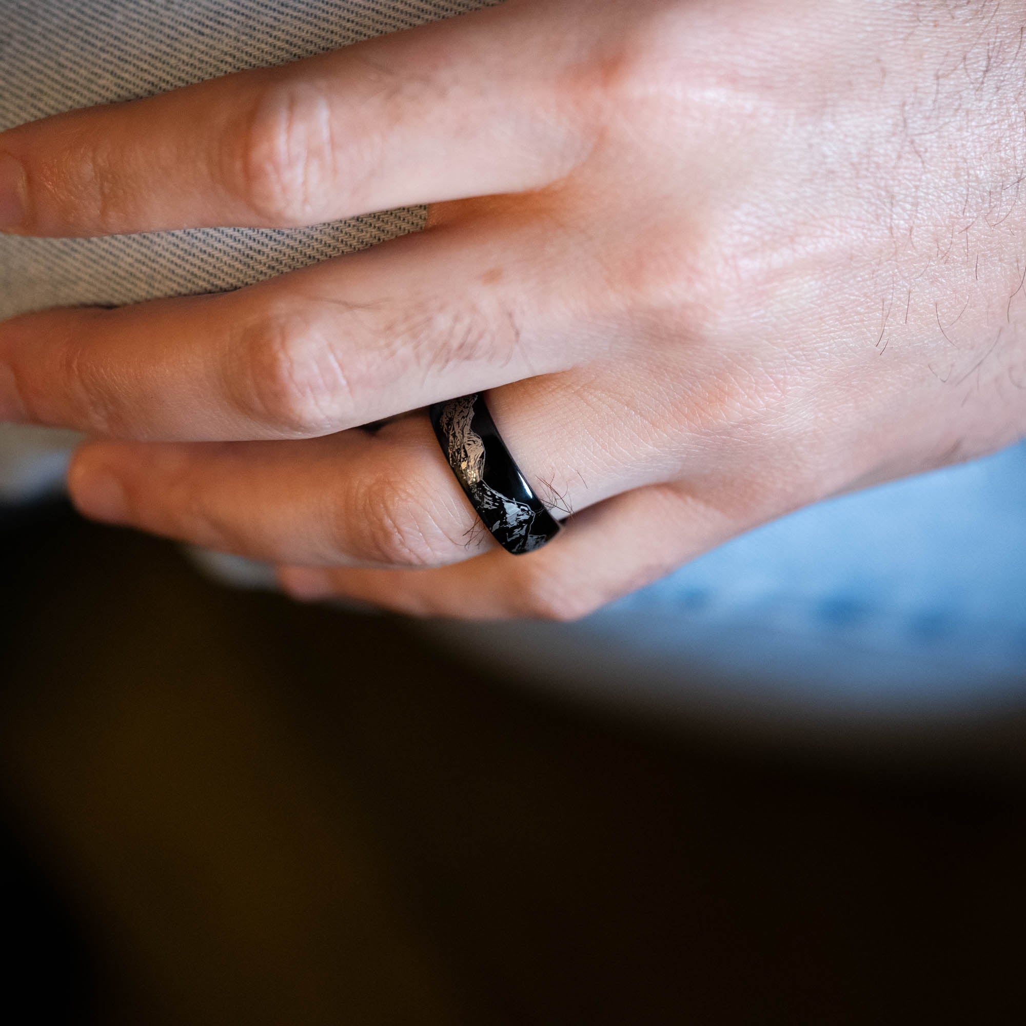 Black Domed Tungsten Engraved Cascade Range | Pacific Northwest Mountain Ring