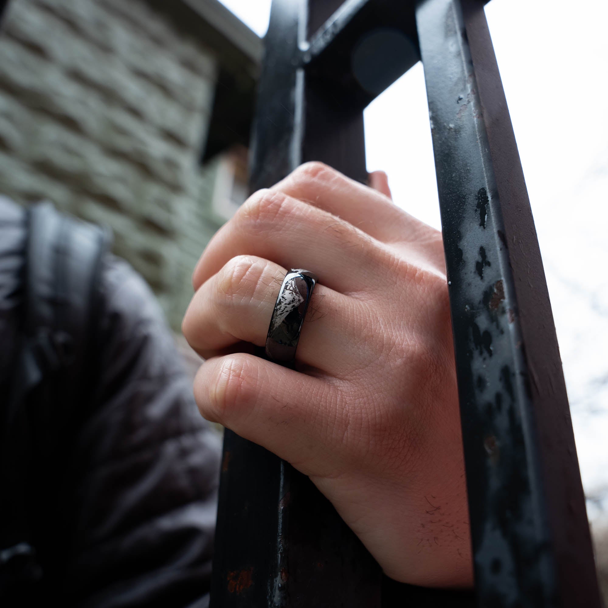 Black Domed Tungsten Engraved Cascade Range | Pacific Northwest Mountain Ring