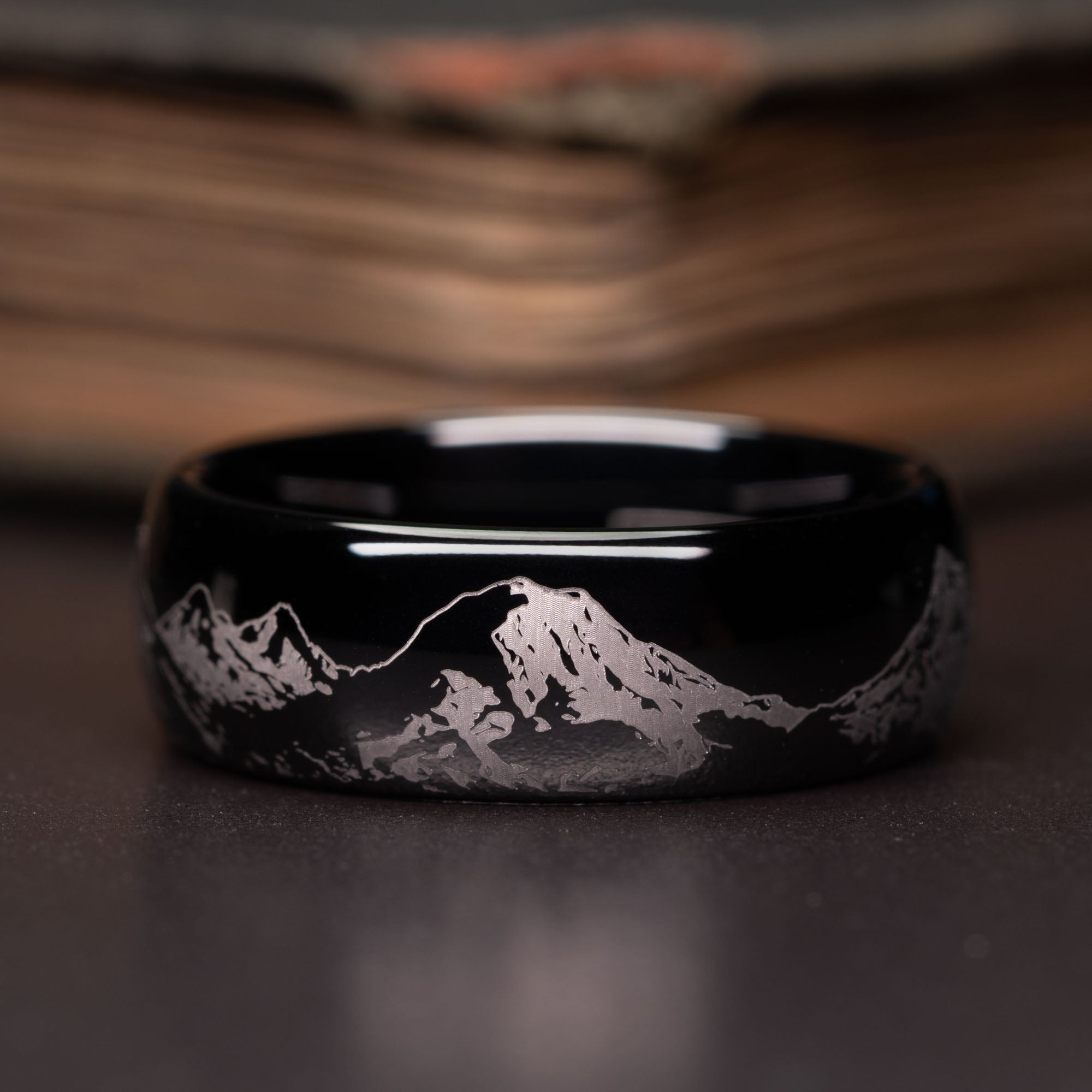Black Domed Tungsten Engraved Cascade Range | Pacific Northwest Mountain Ring