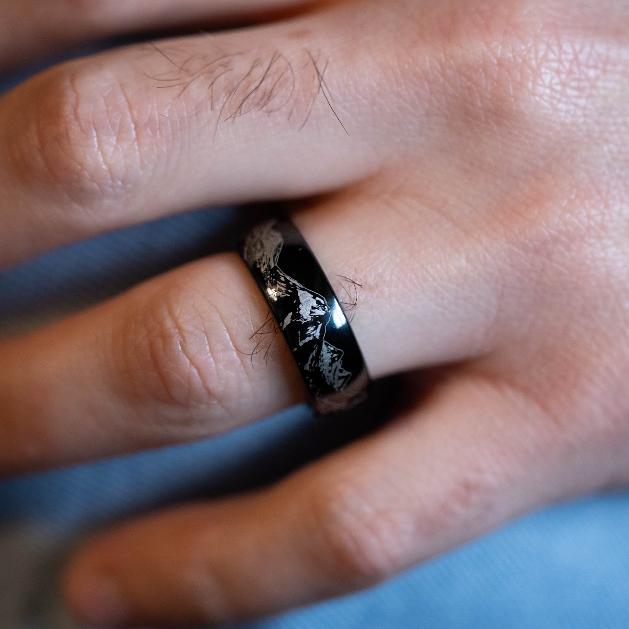 Black Domed Tungsten Engraved Cascade Range | Pacific Northwest Mountain Ring