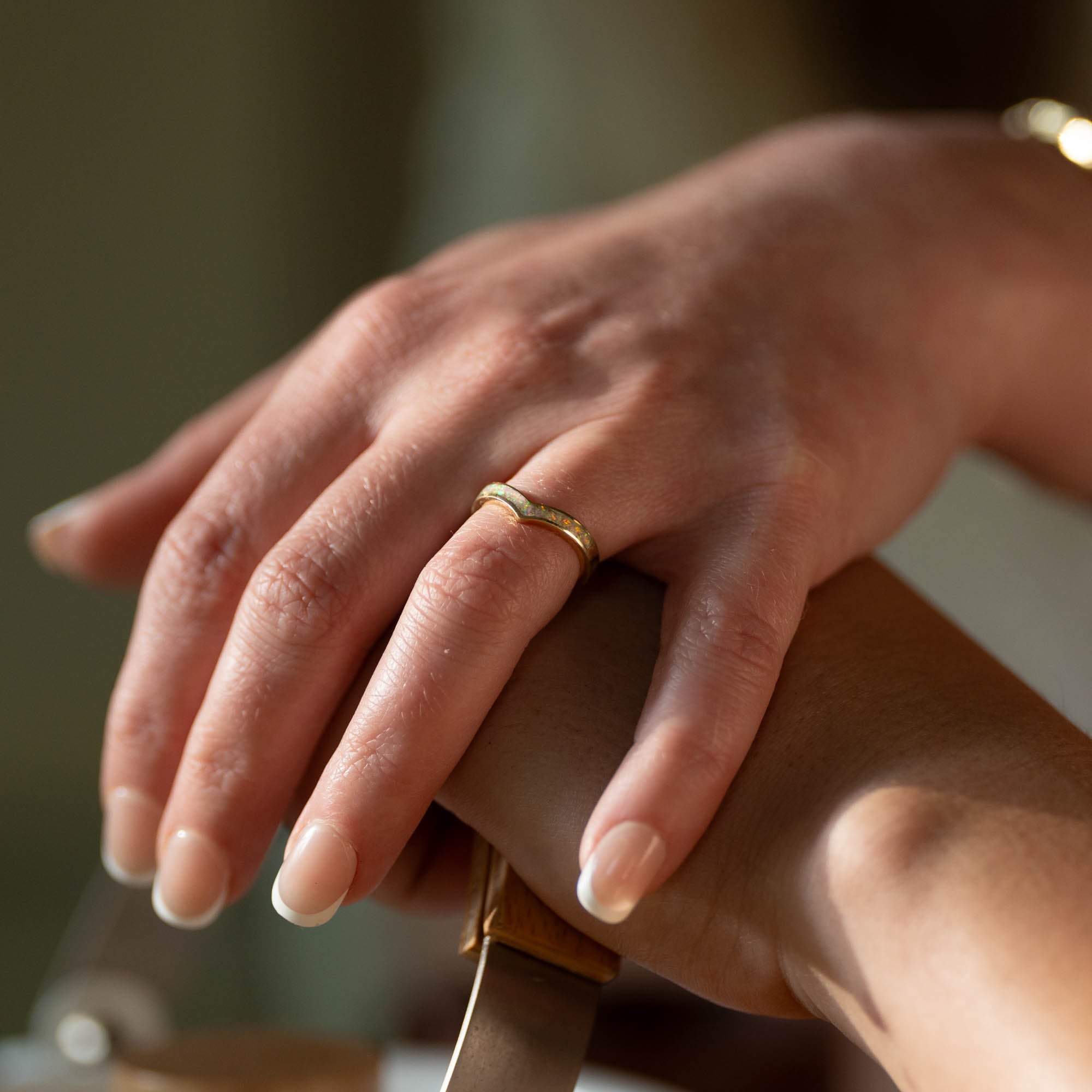 Thin Gold Chevron Pearl White Opal Inlay Ring