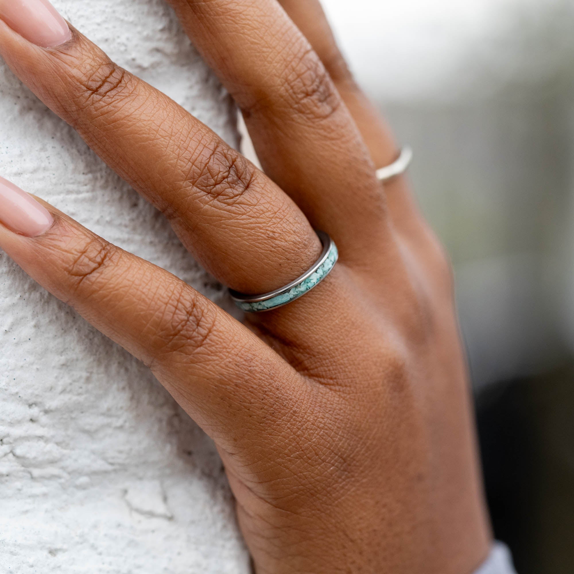 Thin Titanium Turquoise Stone Inlay Ring