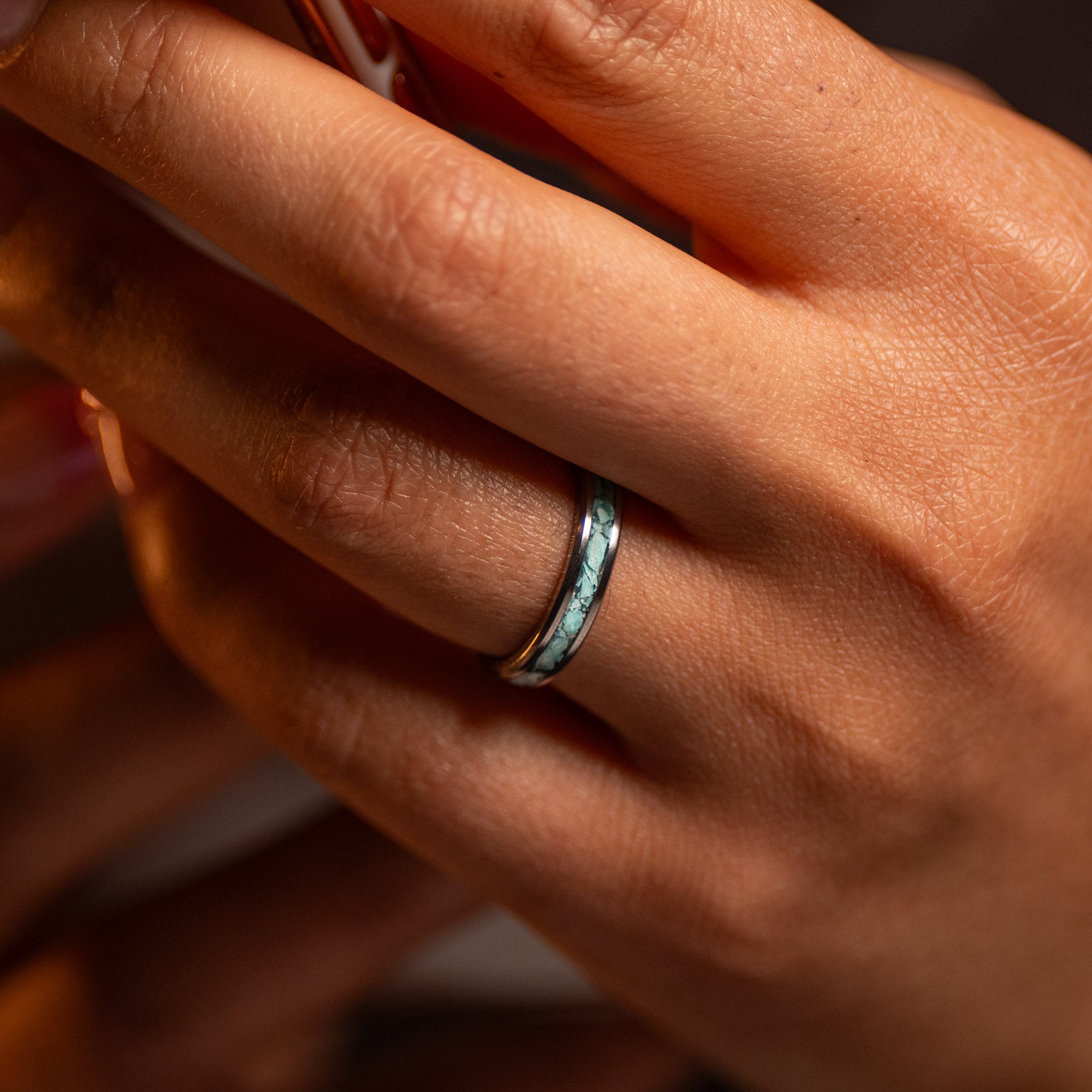 Thin Titanium Turquoise Stone Inlay Ring