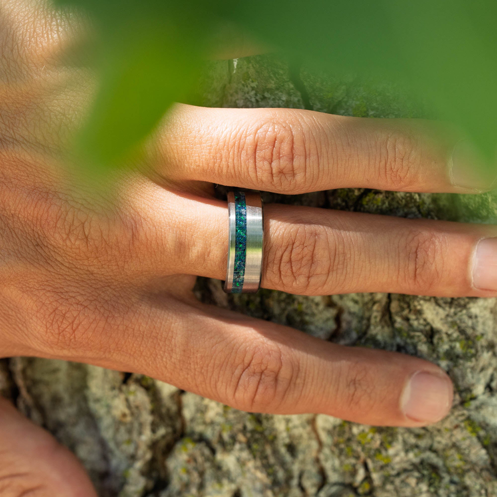 Titanium Black Emerald Opal Offset Ring