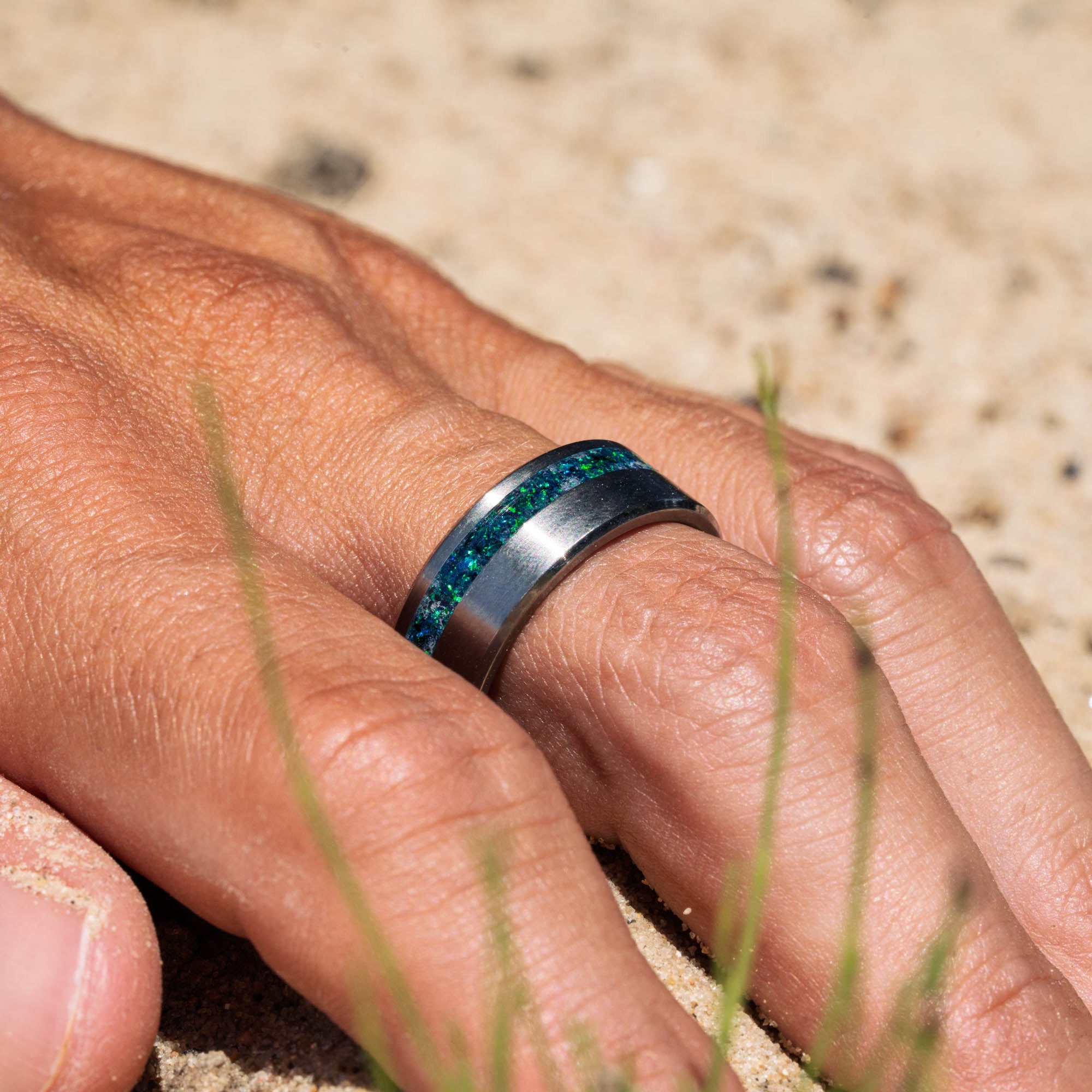 Titanium Black Emerald Opal Offset Ring