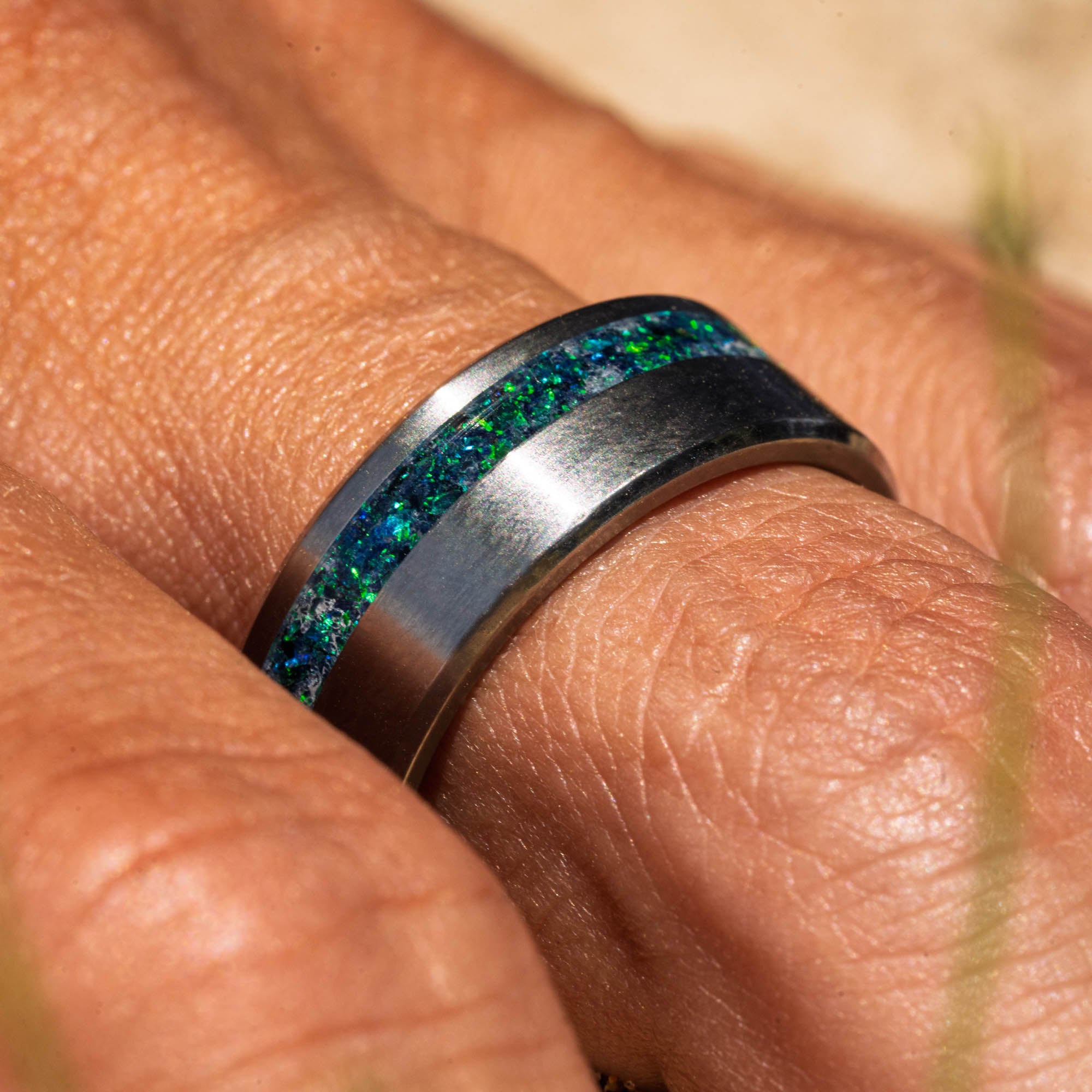Titanium Black Emerald Opal Offset Ring