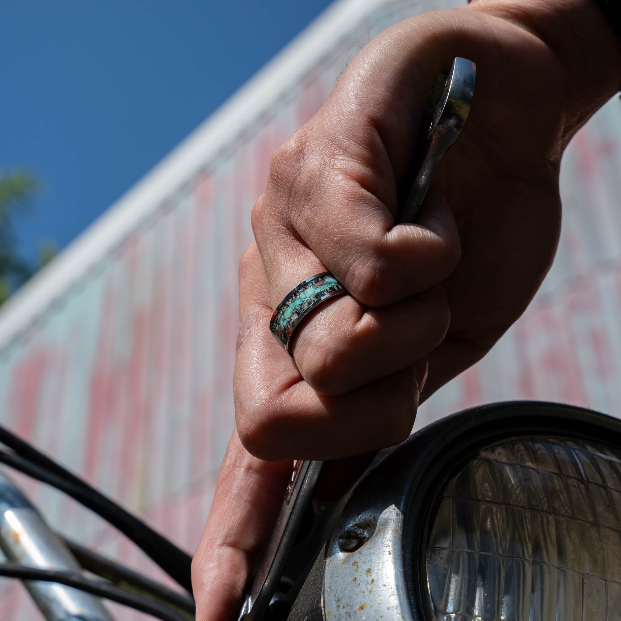 Tungsten Elk Antler Turquoise & Copper Inlay Ring