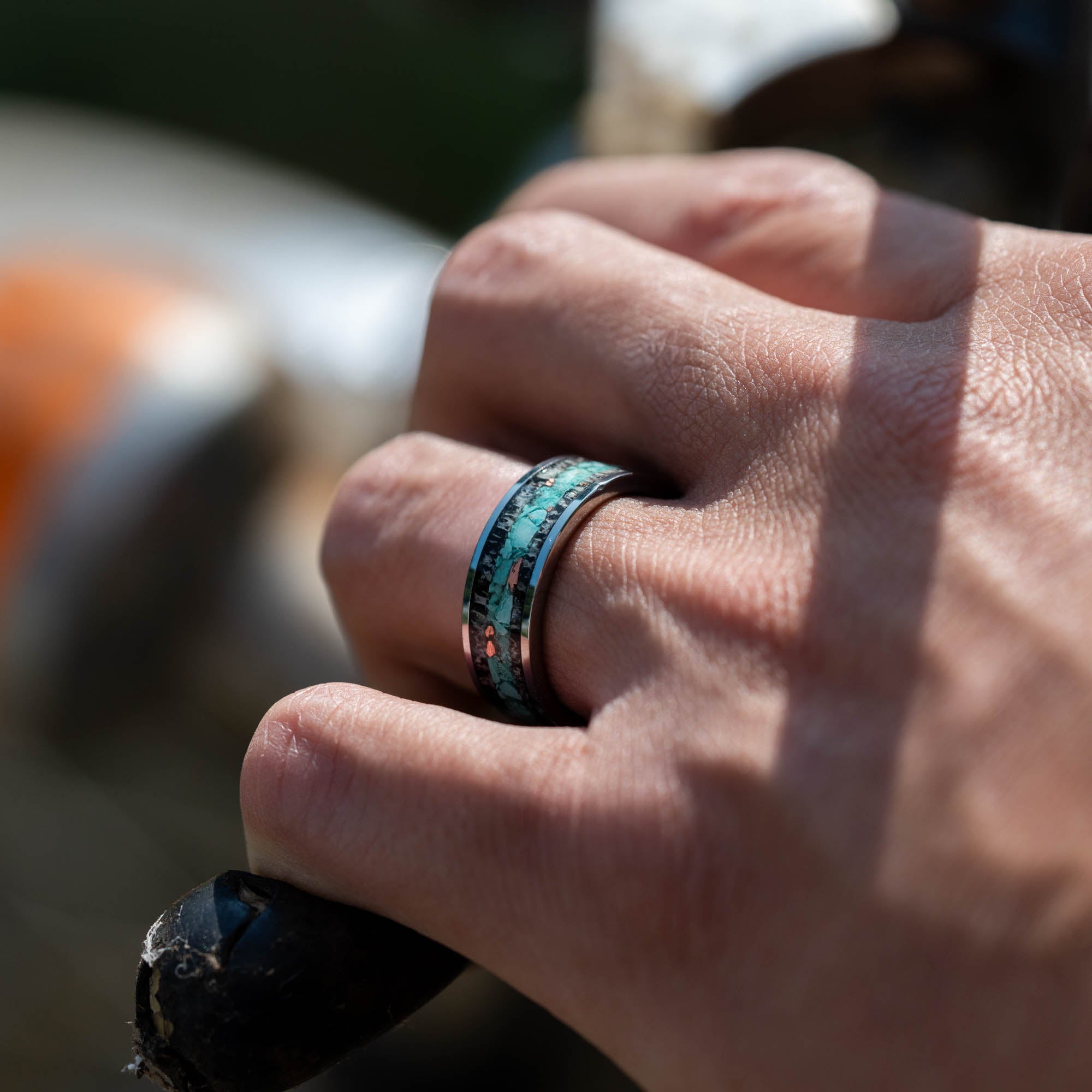 Tungsten Elk Antler Turquoise & Copper Inlay Ring