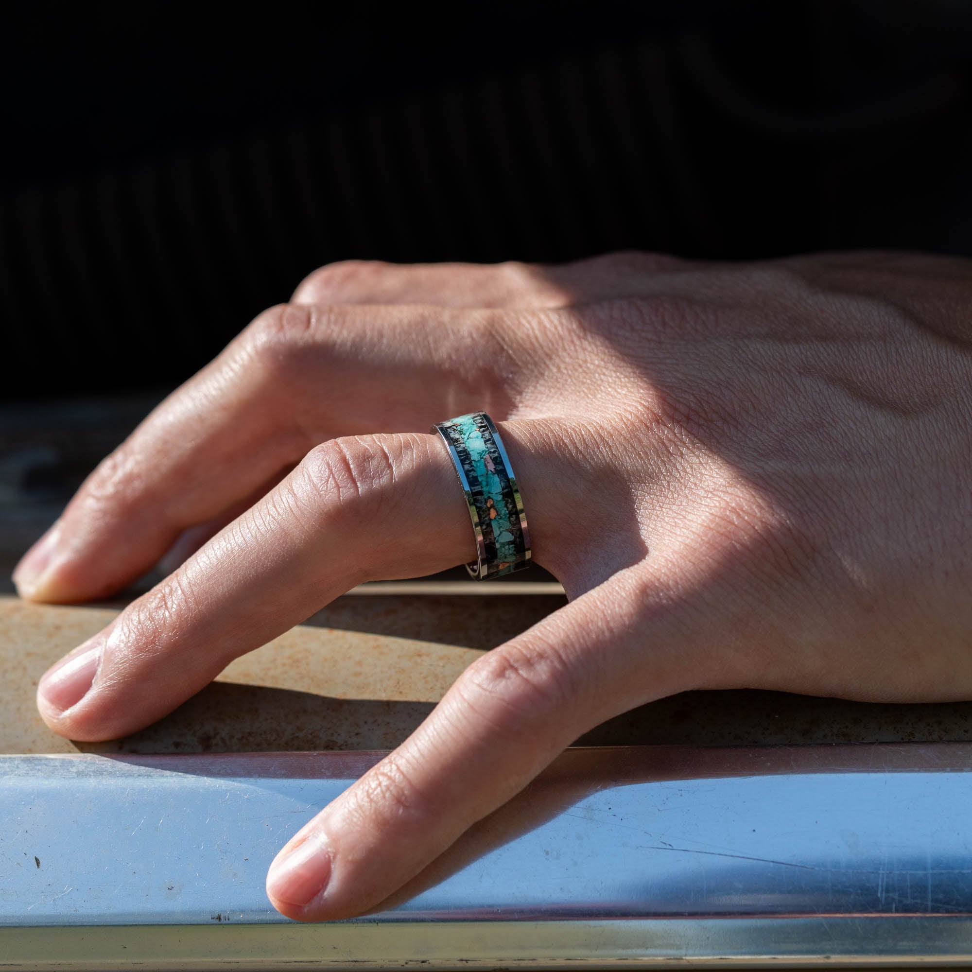 Tungsten Elk Antler Turquoise & Copper Inlay Ring | Honest Hands