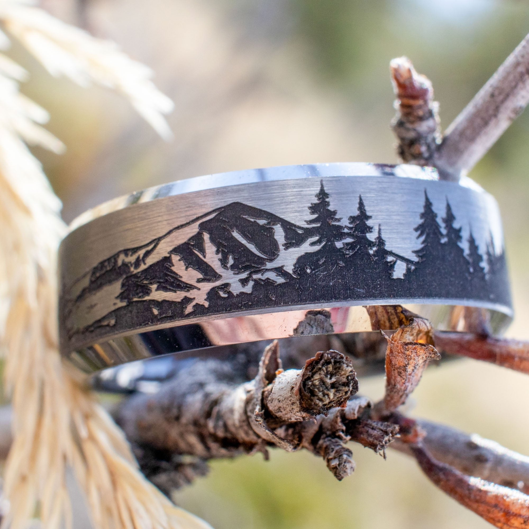 Beveled Tungsten Engraved Mt. Elbert Pines Ring | Honest Hands Ring Co