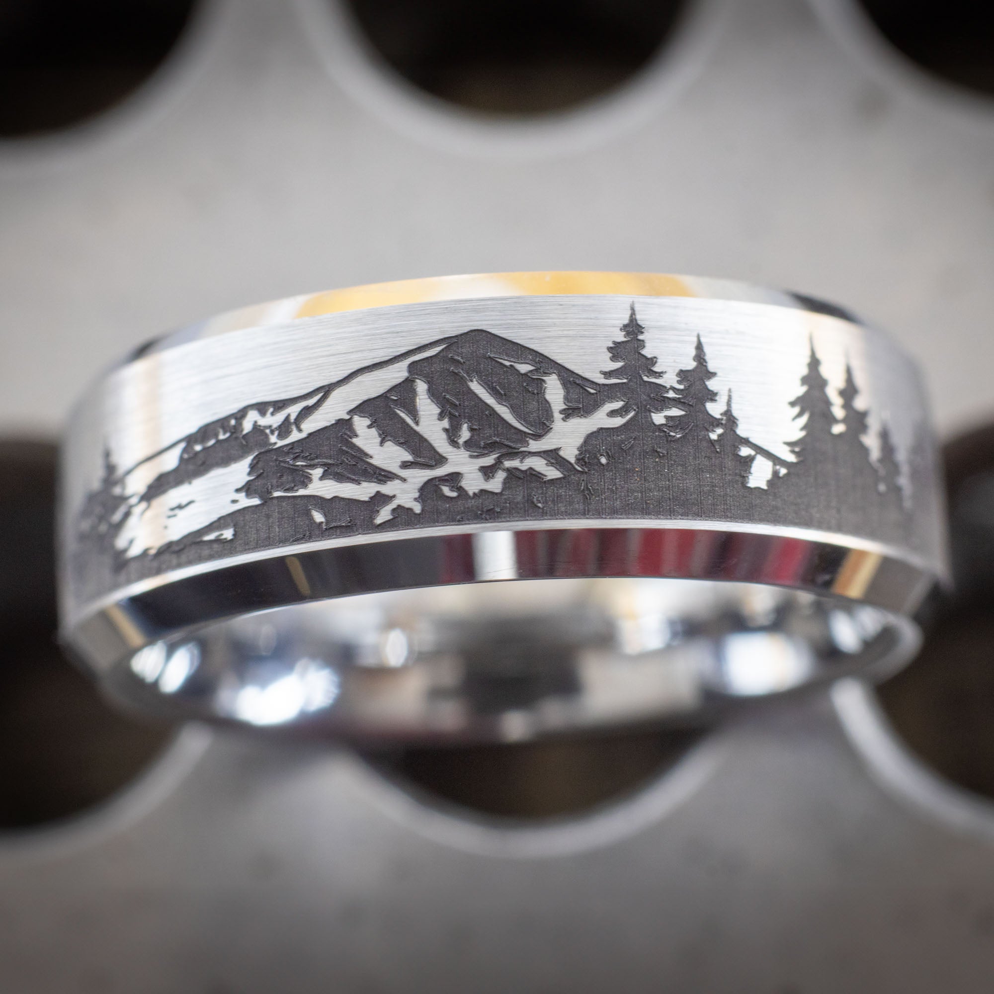 Beveled Tungsten Engraved Mt. Elbert Pines Ring | Honest Hands Ring Co