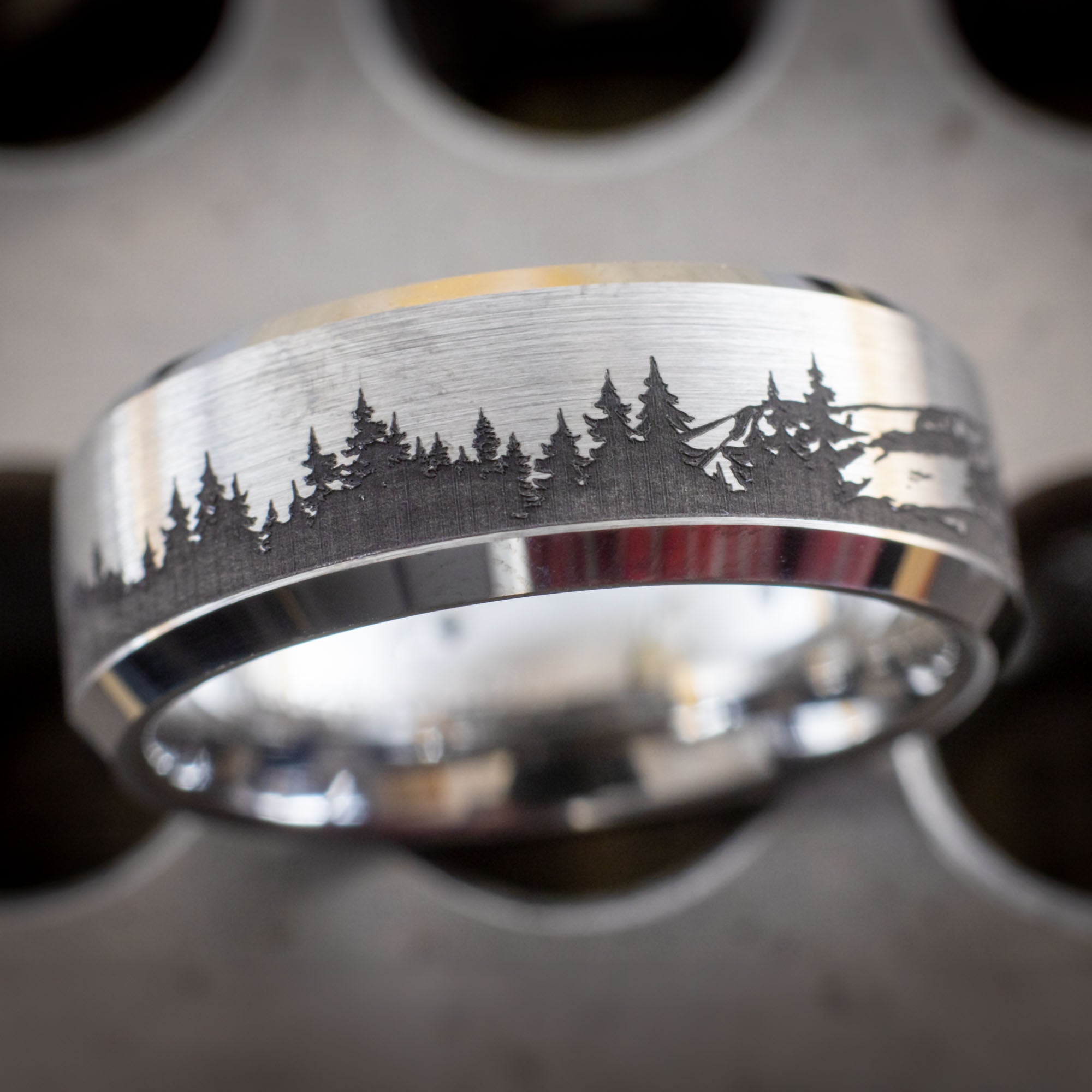 Beveled Tungsten Engraved Mt. Elbert Pines Ring | Honest Hands Ring Co