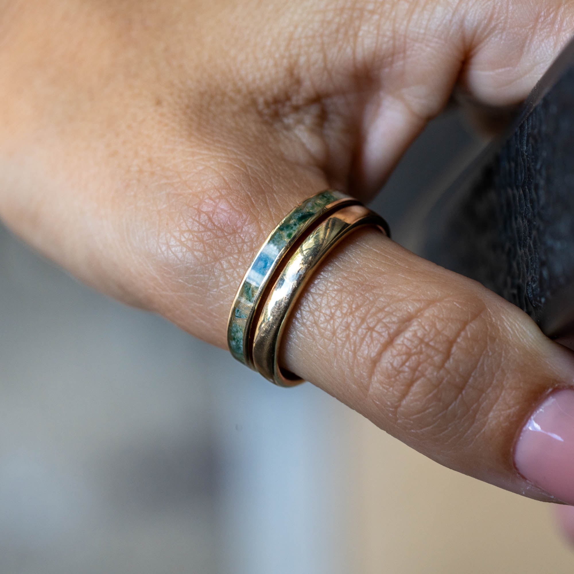 Thin Gold Moss Agate Inlay Ring