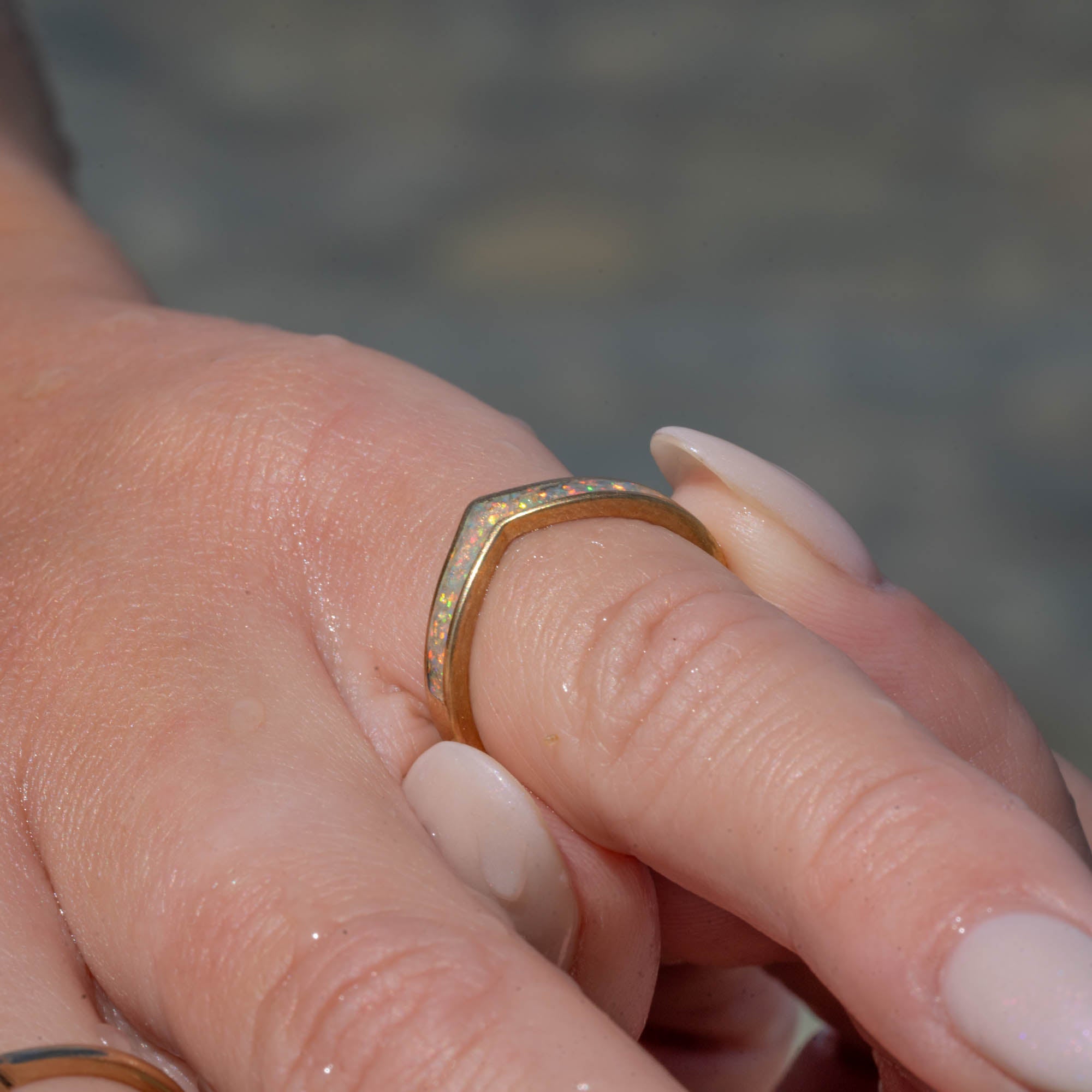 Thin Gold Chevron Pearl White Opal Inlay Ring
