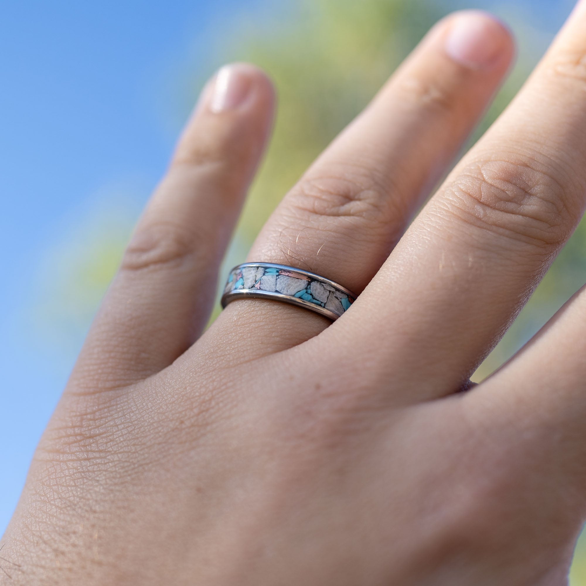 Titanium Petoskey Stone Turquoise & Copper Inlay Ring