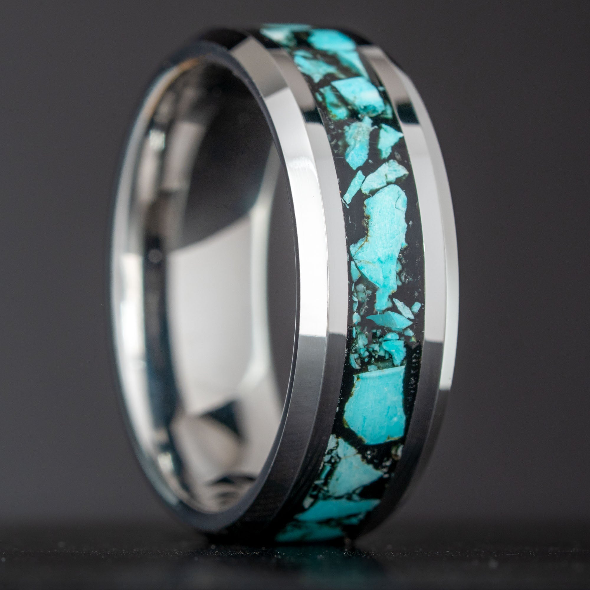 Beveled Tungsten Black Turquoise Inlay Ring
