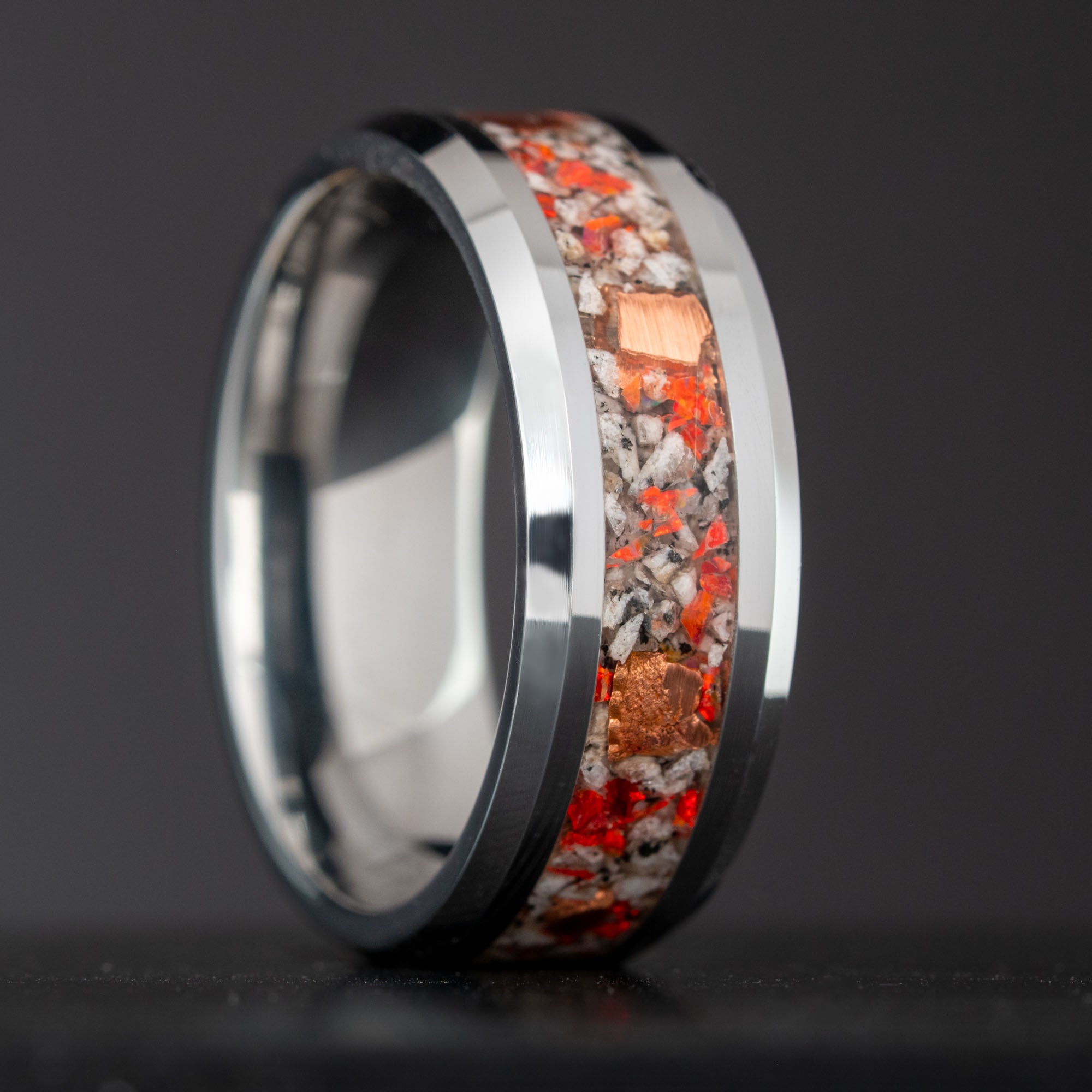 Beveled Tungsten Fire Opal Yooper Glow & Copper Inlay Ring