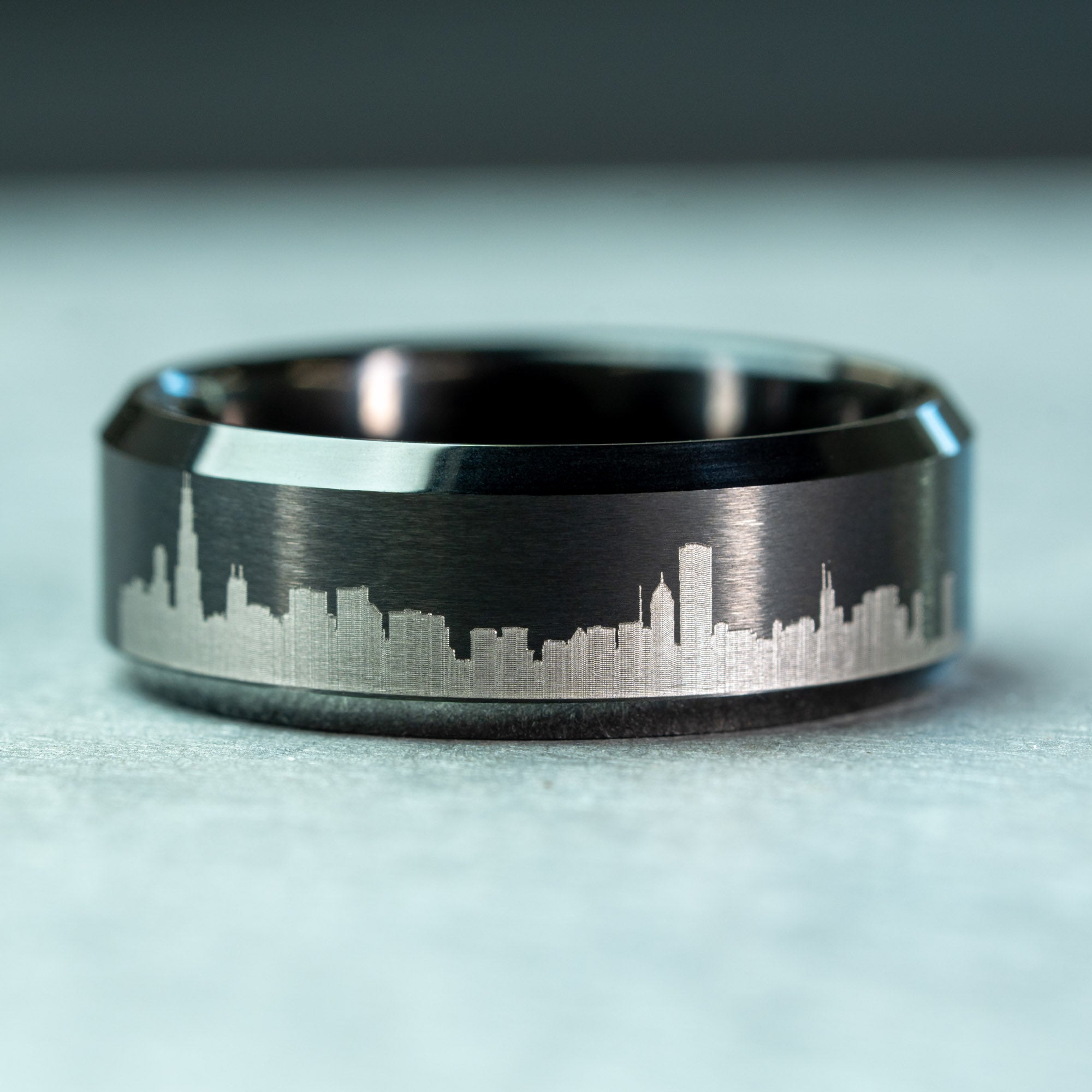 Black Beveled Tungsten Engraved Chicago Skyline Ring | Honest