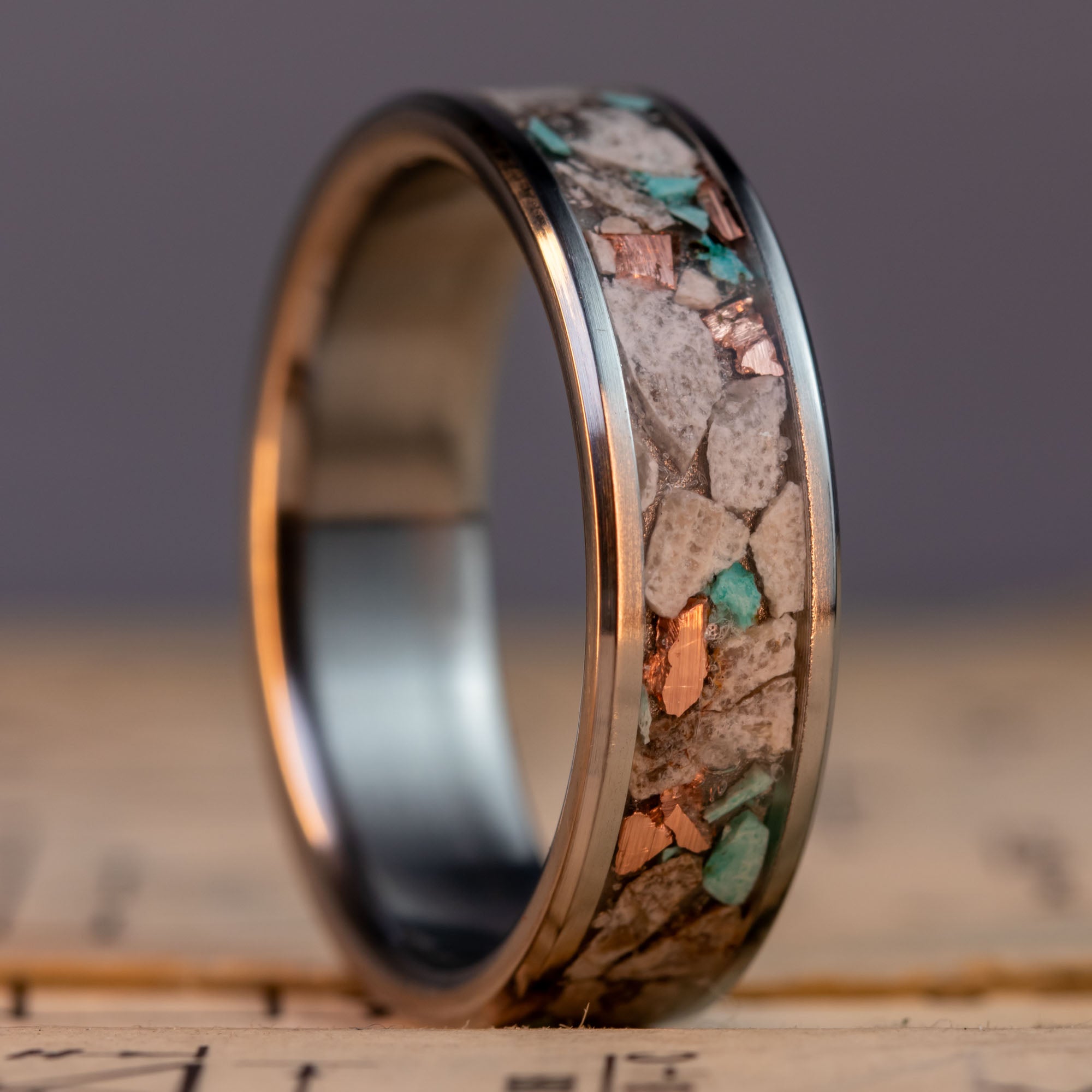 Titanium Petoskey Stone Turquoise & Copper Inlay Ring