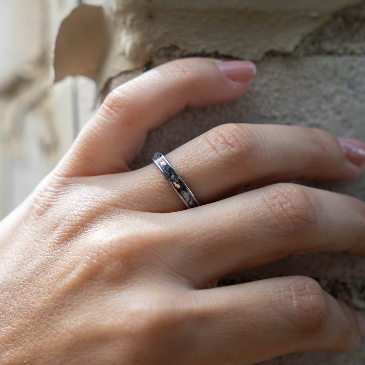 Thin Titanium Yooper Glow Stone & Copper Inlay Ring | Honest Hands Ring Co