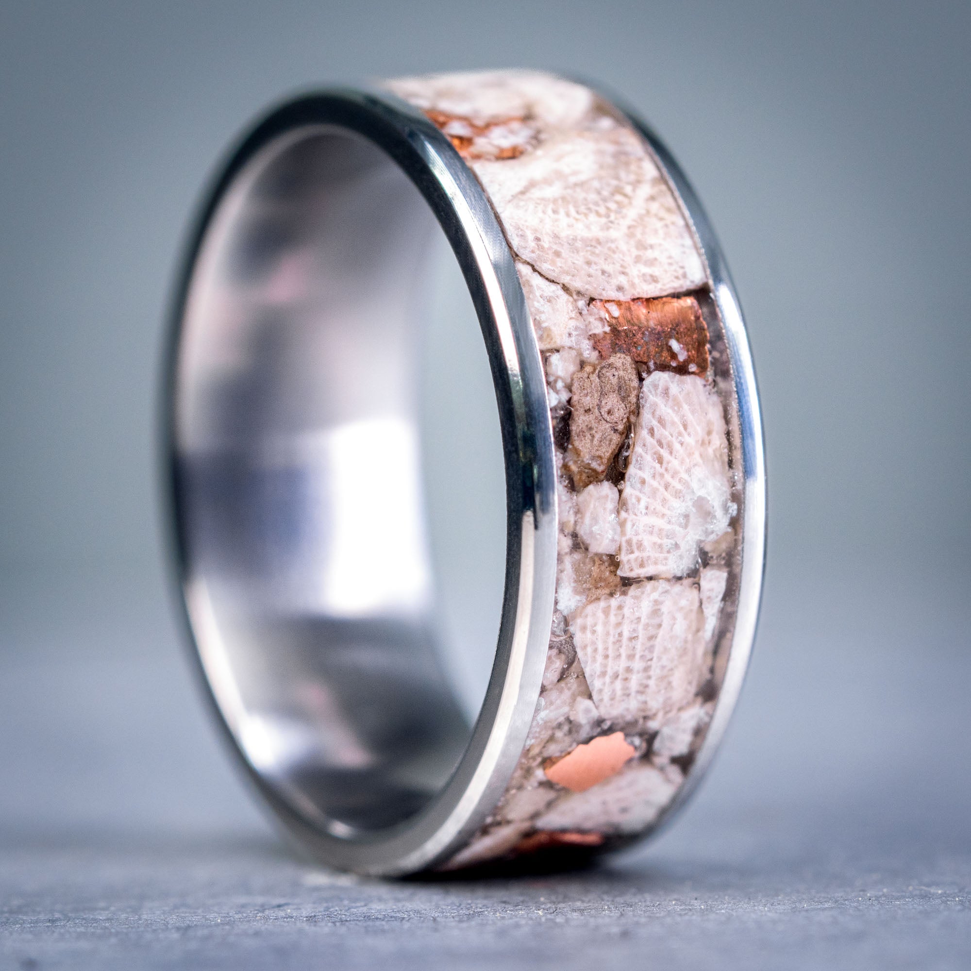 Titanium Petoskey Stone & Keweenaw Copper Inlay Ring